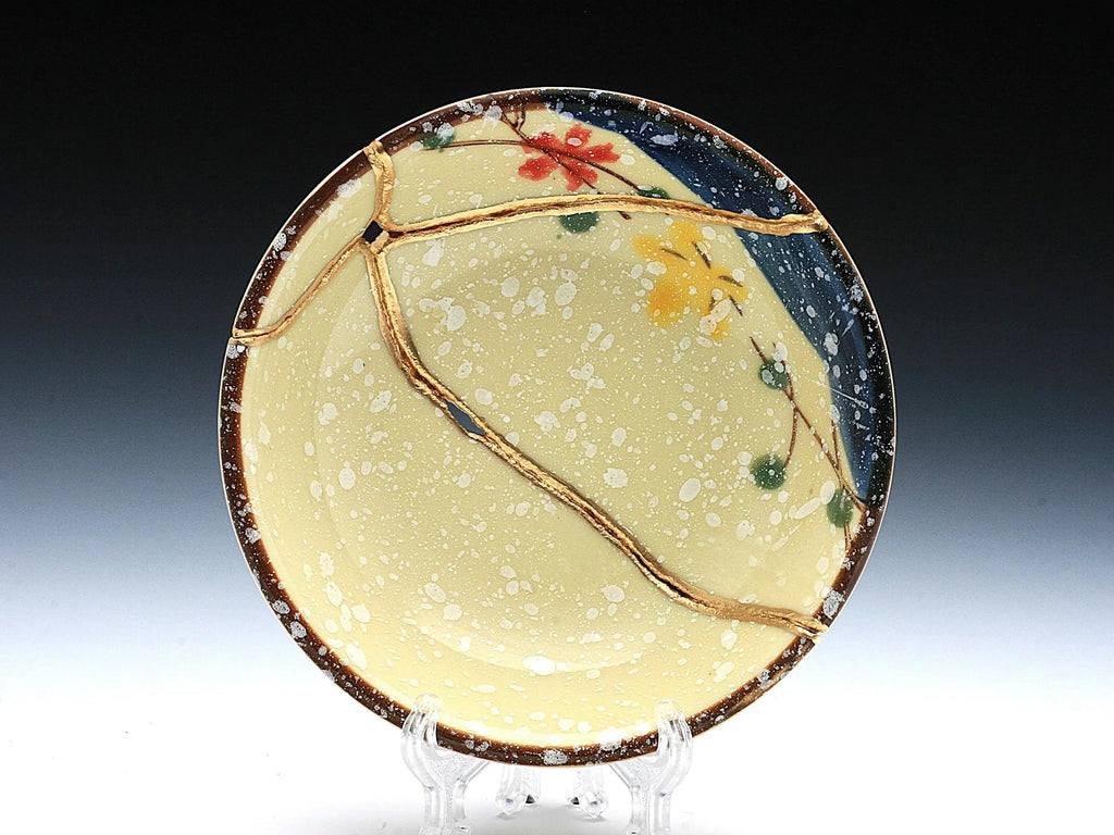 Small Beige Kintsugi Plate with Red and Yellow Flowers