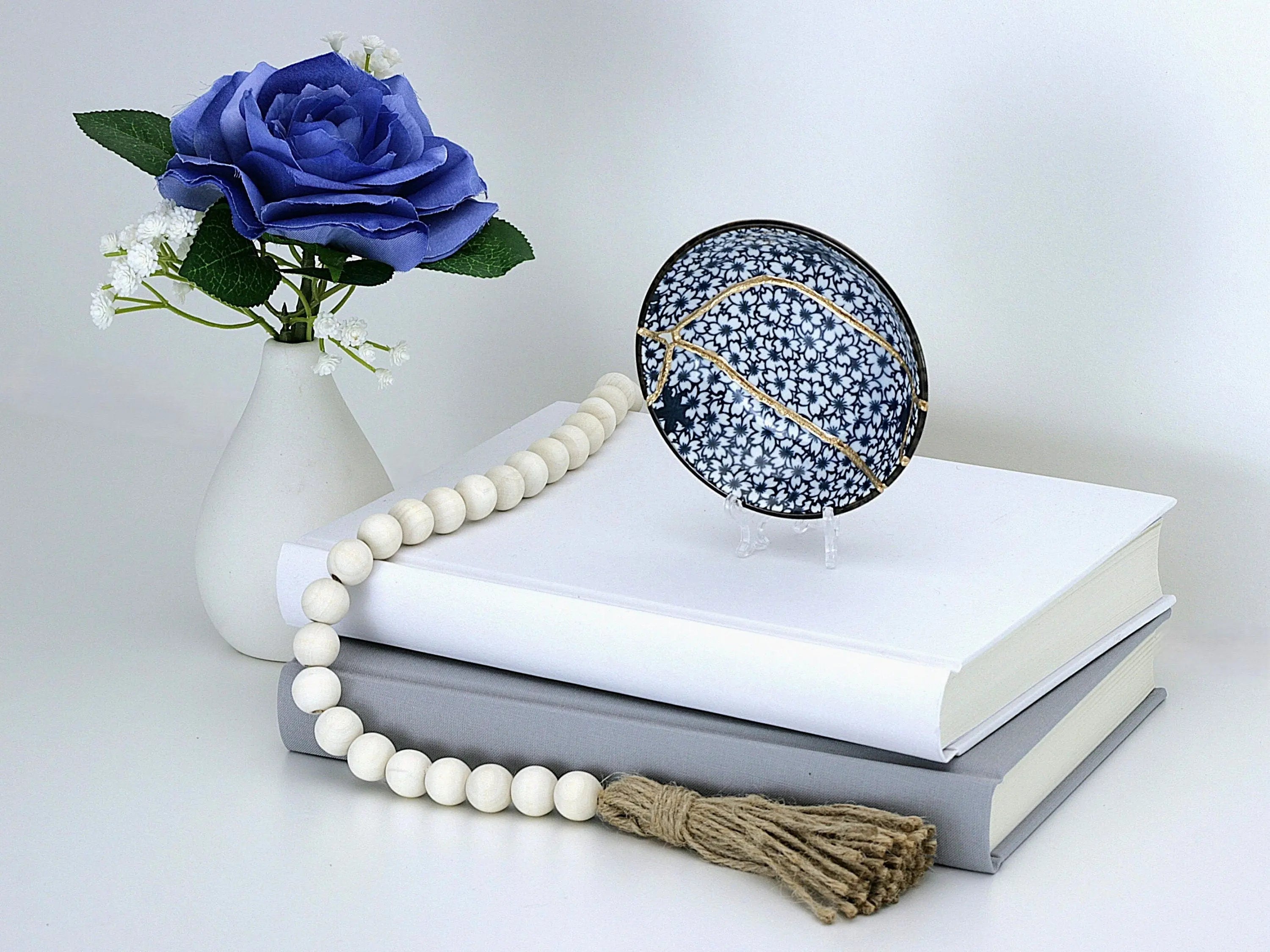 Small Blue and White Kintsugi Plate with Small Flowers