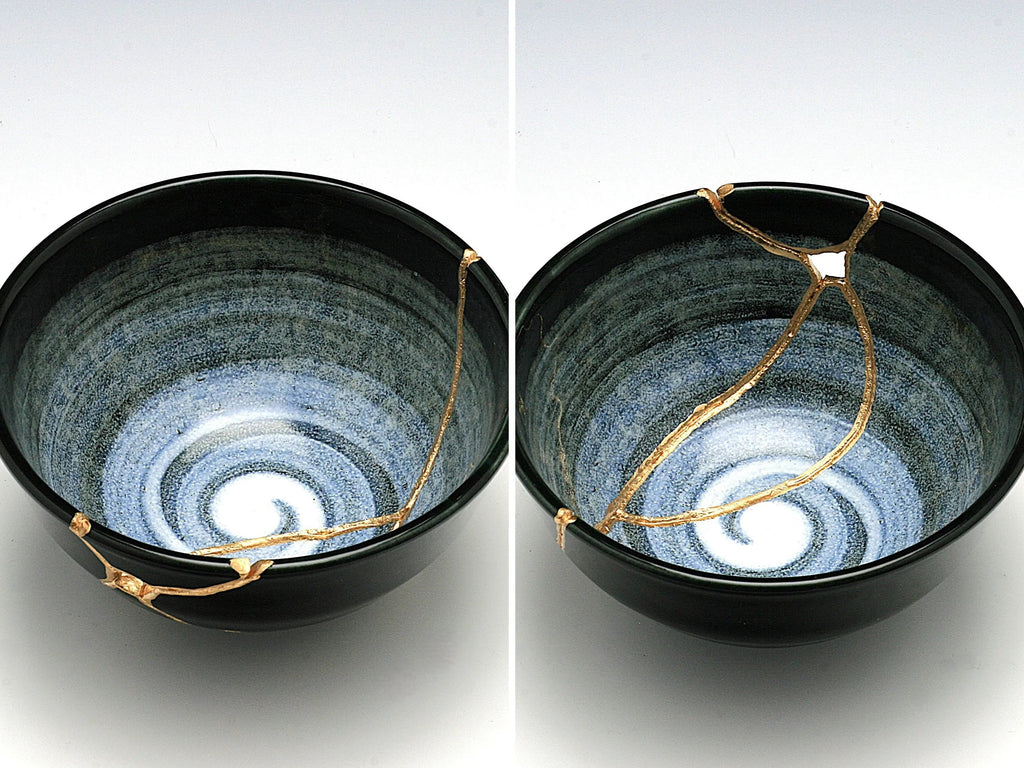 Medium Black and White Kintsugi Bowl with Swirl Pattern
