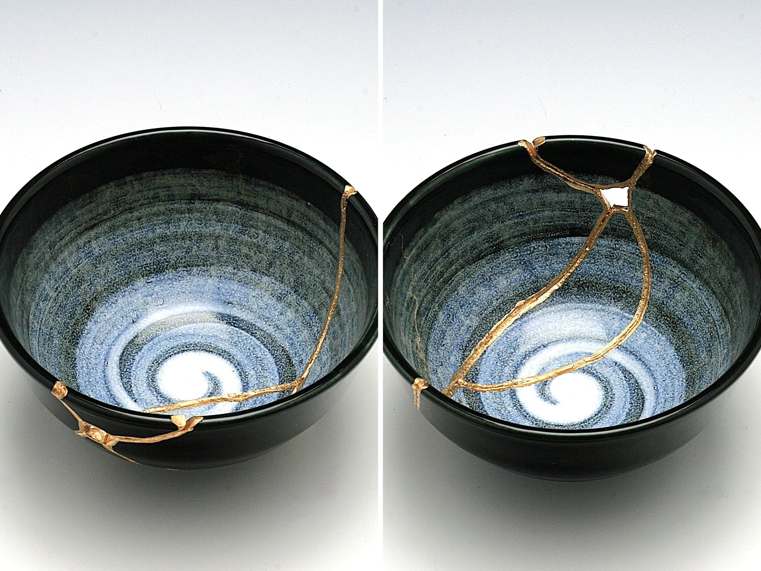 Medium Black and White Kintsugi Bowl with Swirl Pattern