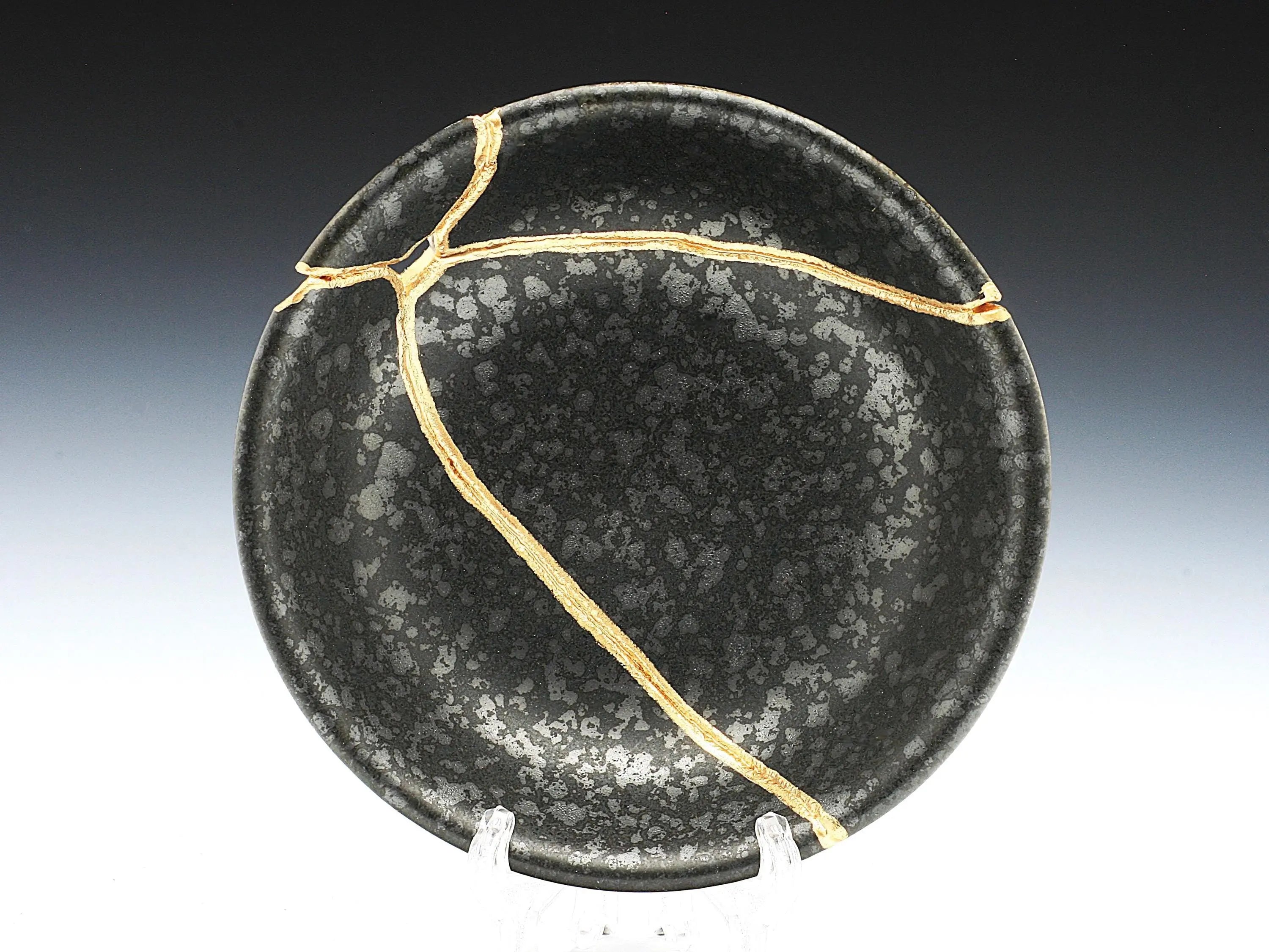 Small Black Kintsugi Plate with Texture