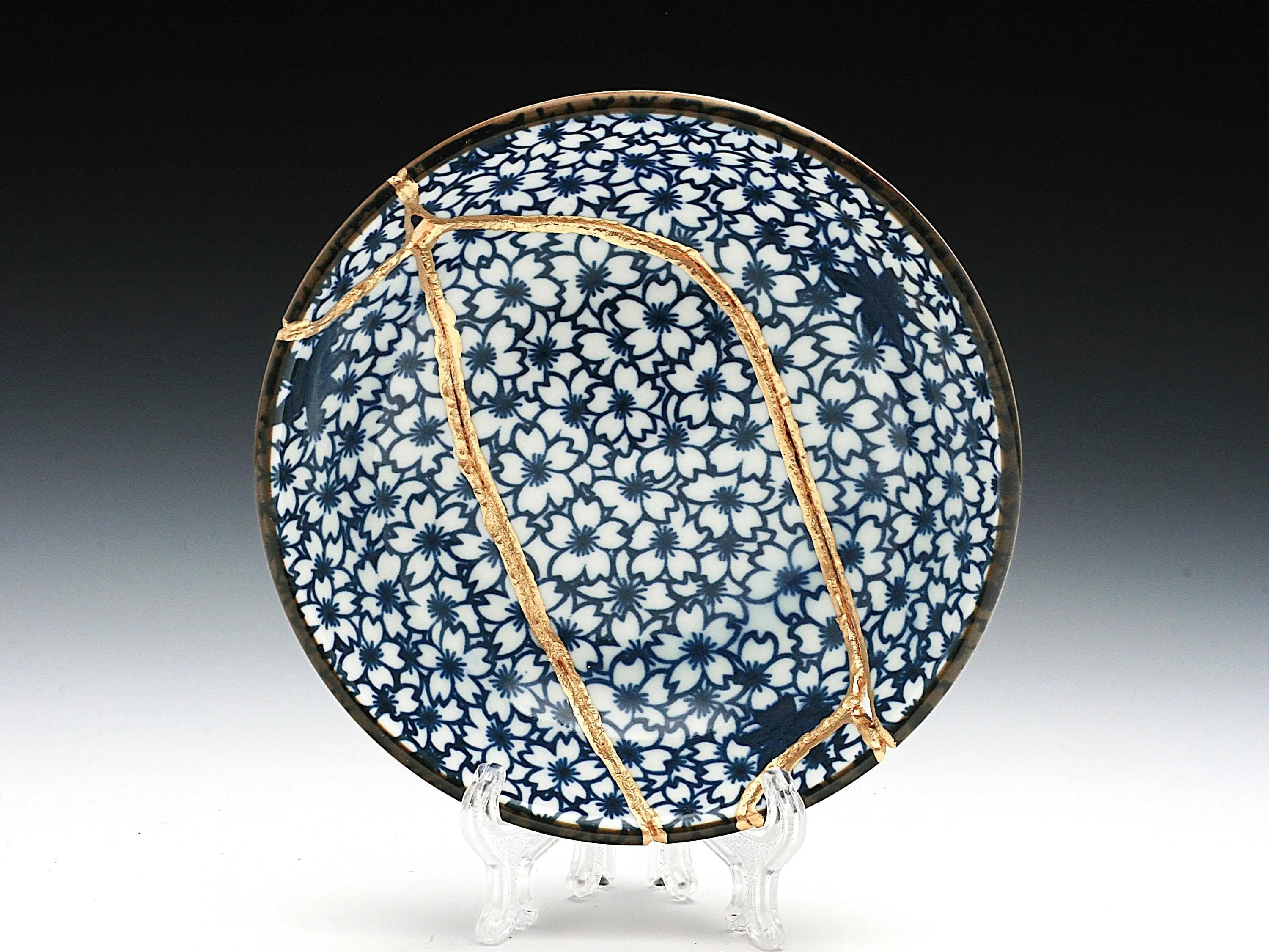 Small Blue and White Kintsugi Plate with Small Flowers