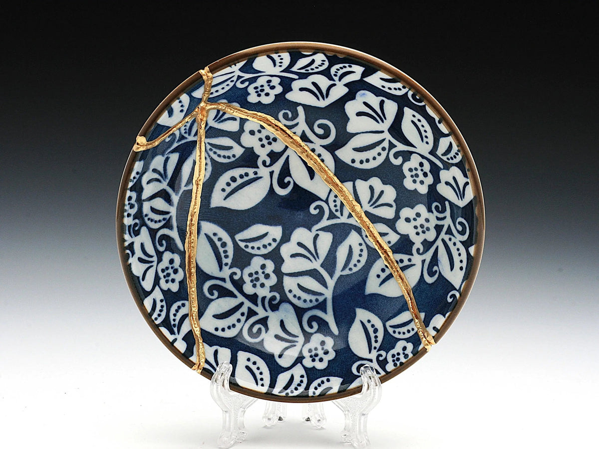 Small Blue and White Kintsugi Plate with Leaves