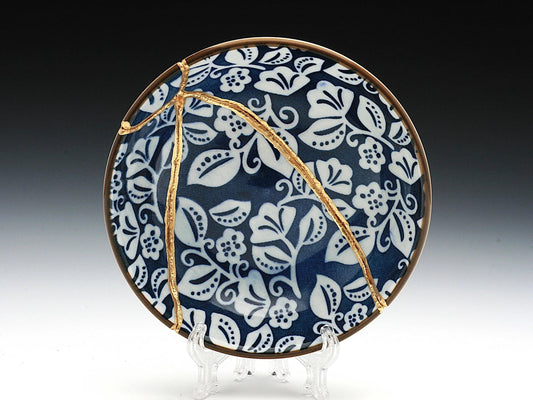 Small Blue and White Kintsugi Plate with Leaves