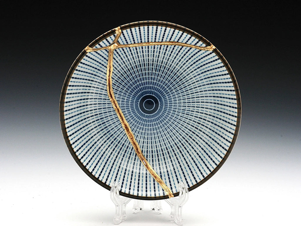 Small Blue and White Kintsugi Plate with Lines
