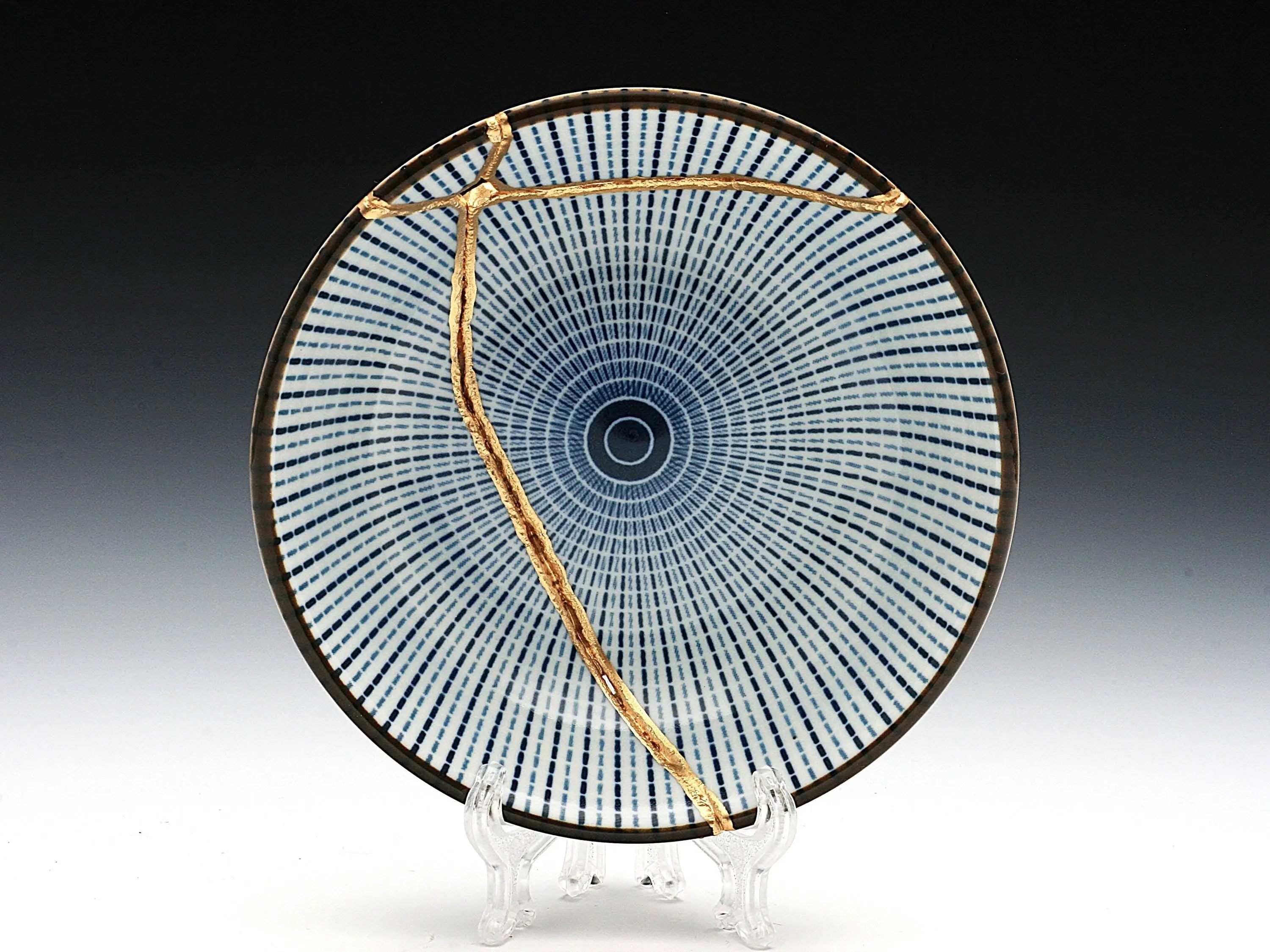 Small Blue and White Kintsugi Plate with Lines