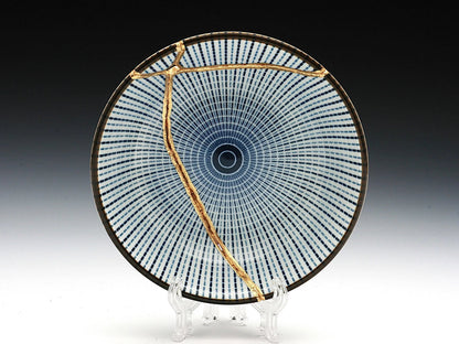 Small Blue and White Kintsugi Plate with Lines