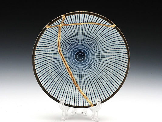 Small Blue and White Kintsugi Plate with Lines