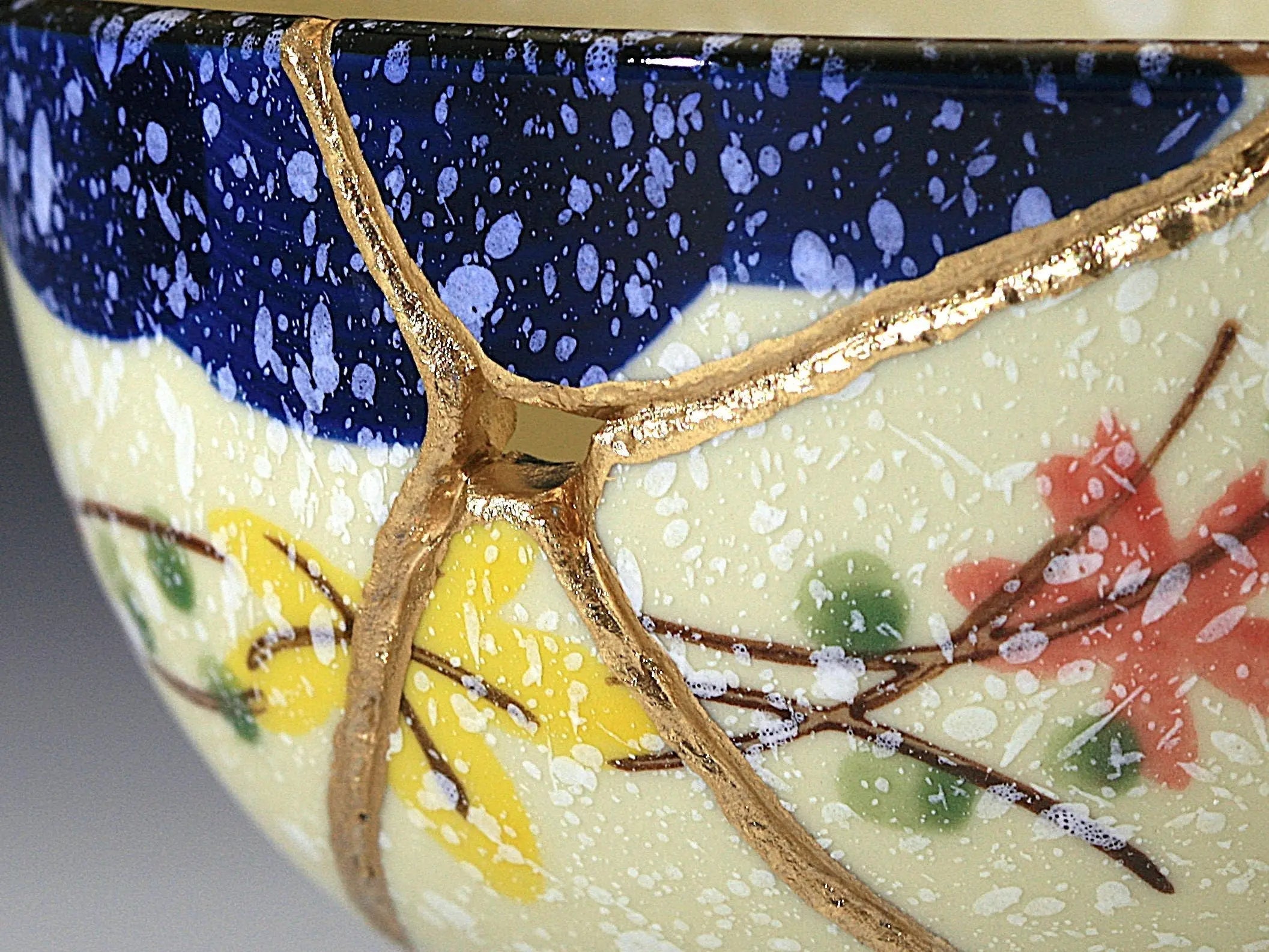 Medium Beige Kintsugi Bowl with Red and Yellow Flowers