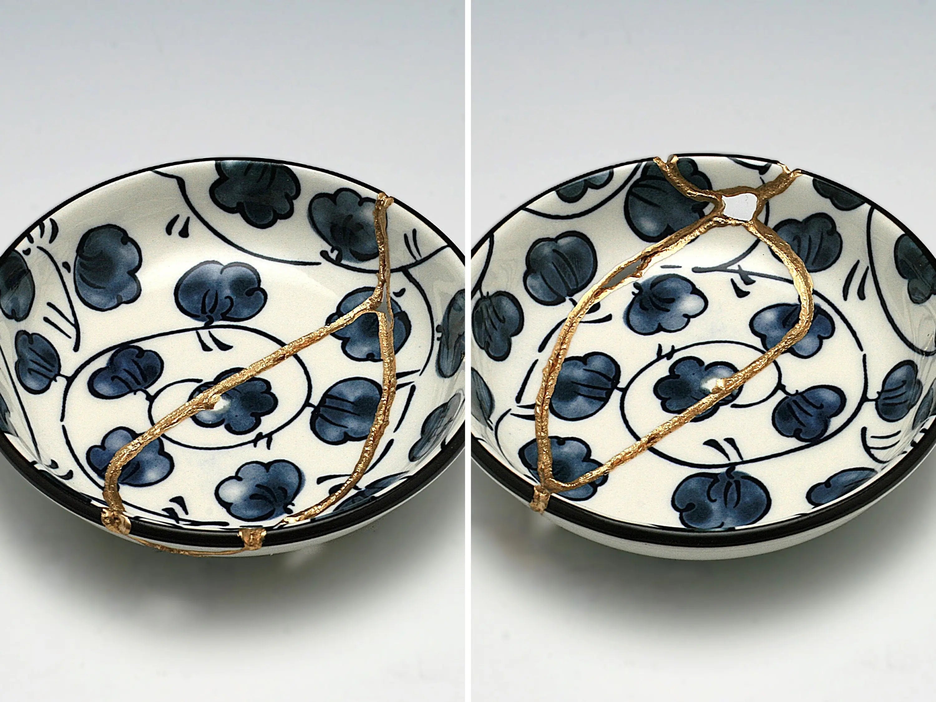 Small Blue and White Kintsugi Plate with Leaves