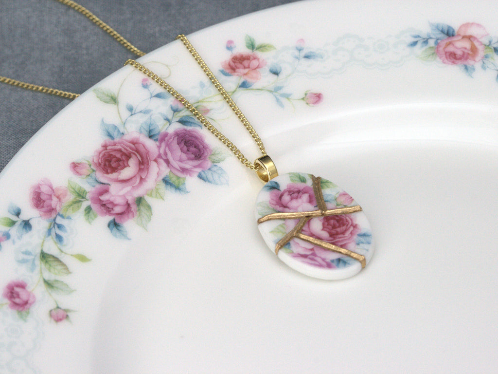 Blooming Pink Rose Kintsugi Necklace