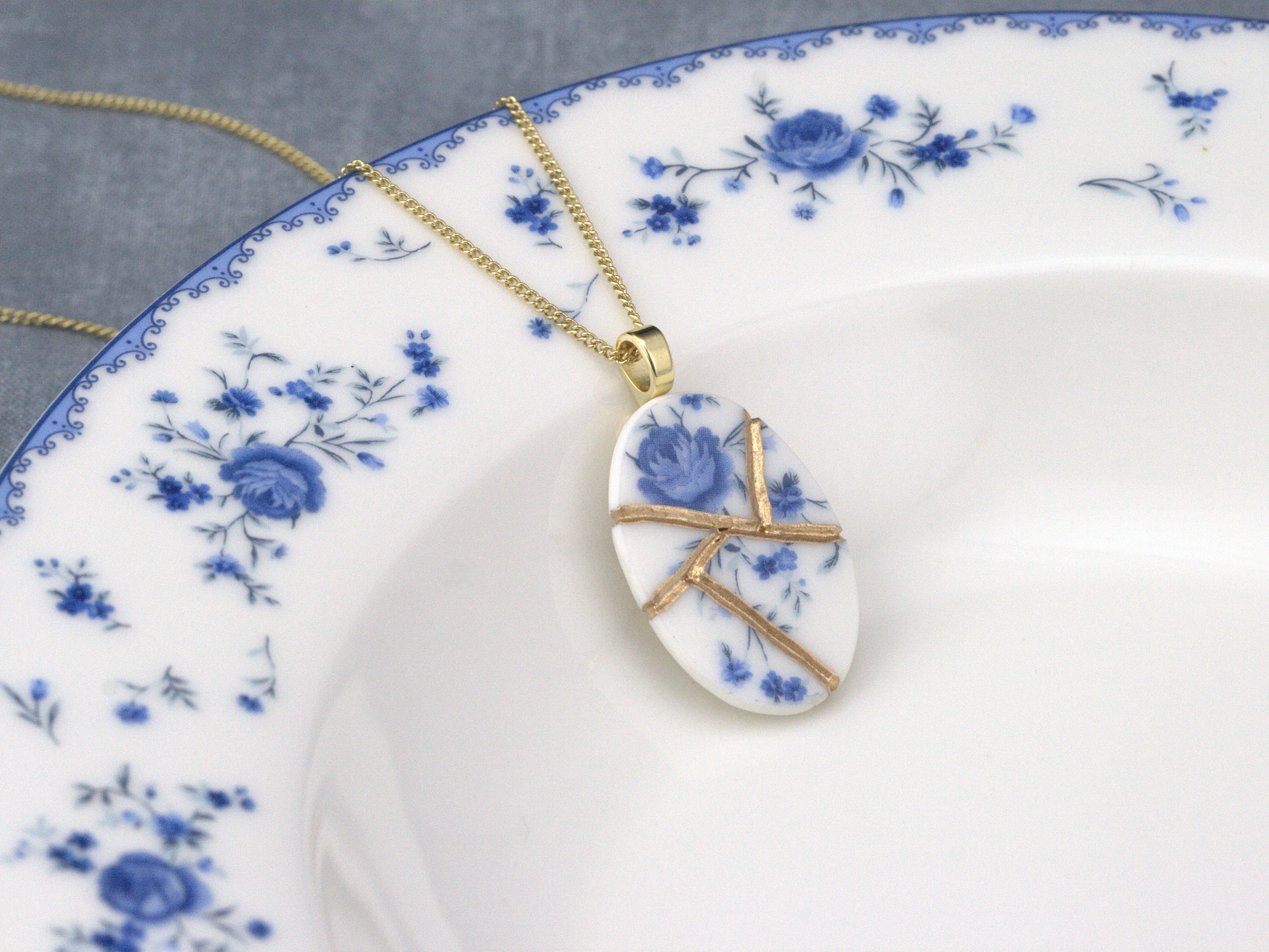 Soft Blue Floral Kintsugi Necklace