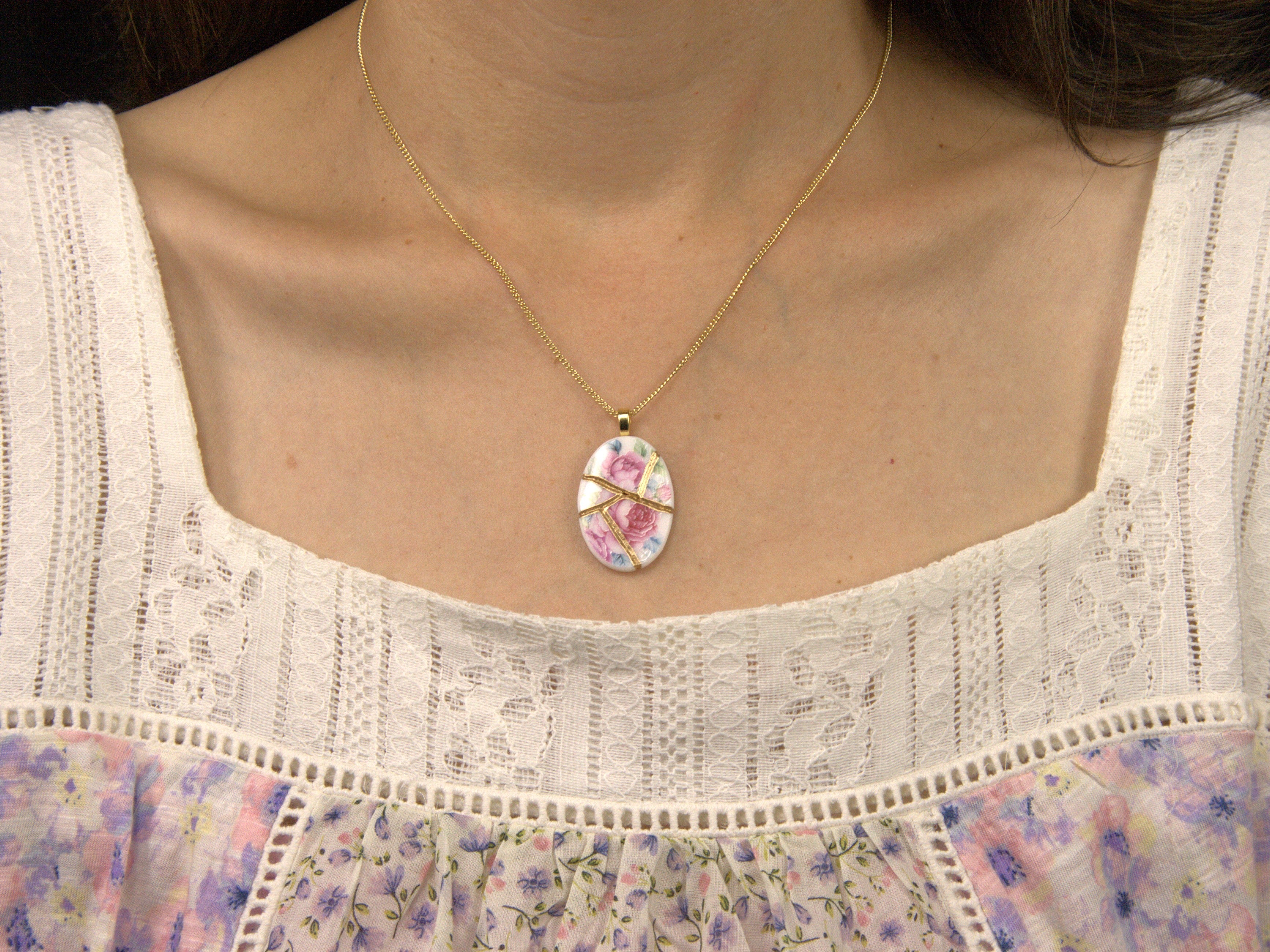 Blooming Pink Rose Kintsugi Necklace