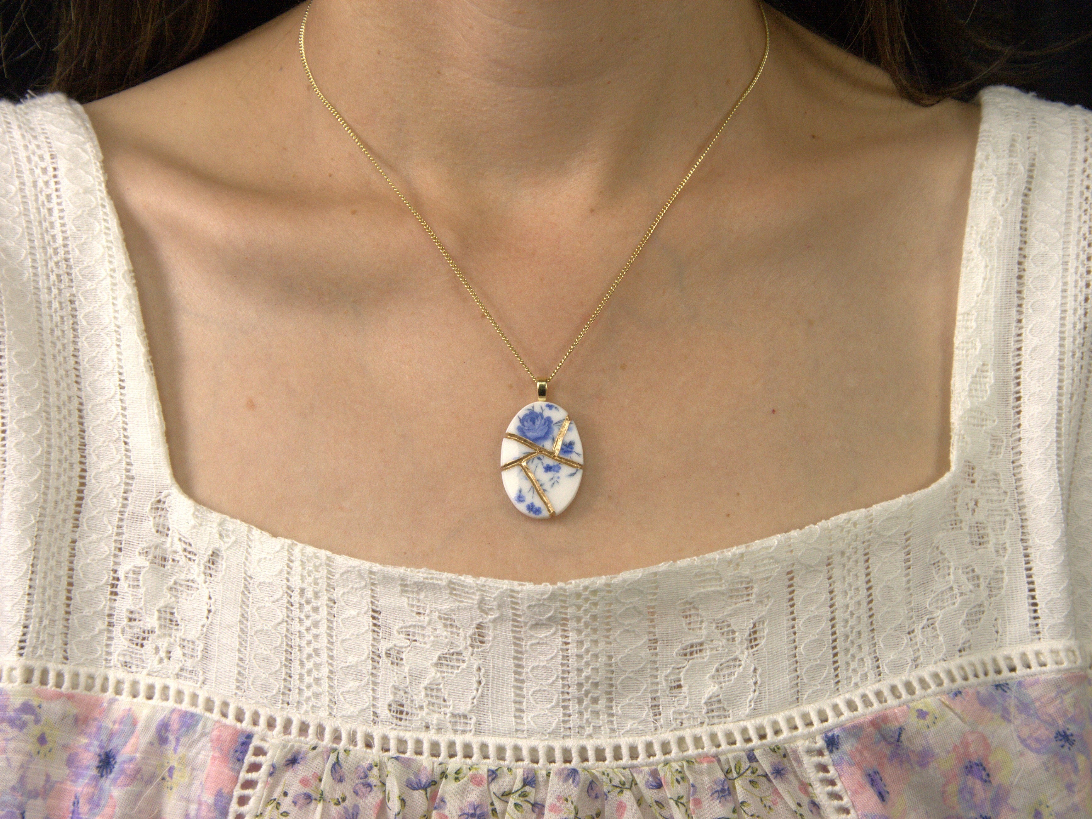 Soft Blue Floral Kintsugi Necklace