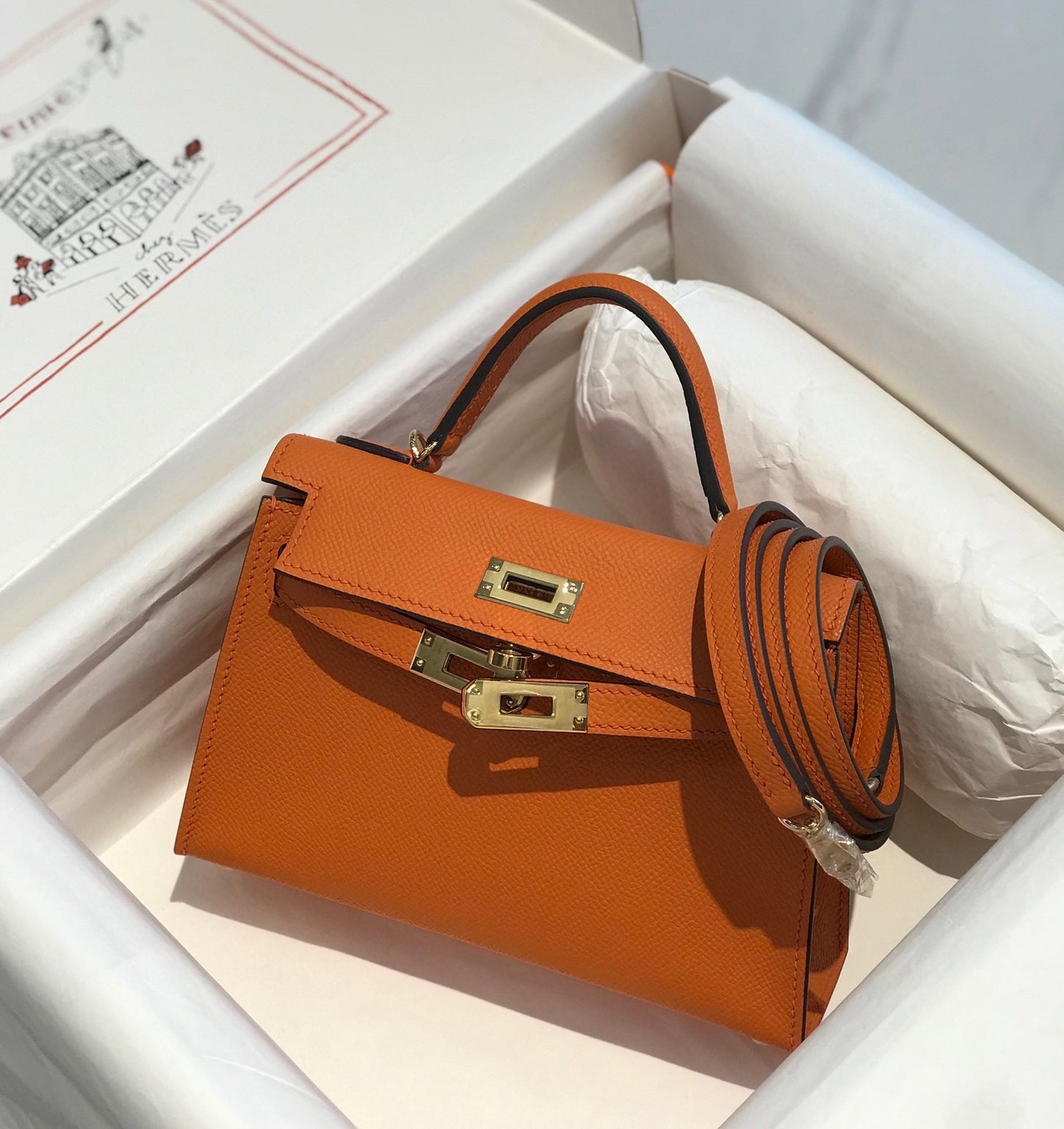HM KELLY MINI 20 ORANGE EPSOM GOLD HARDWARE - AAA Premium Quality