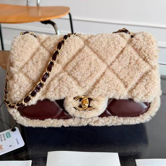 CC 2025 Flap Bag 23.5cm Beige Dark Brown Sherling Lambskin Gold Hardware