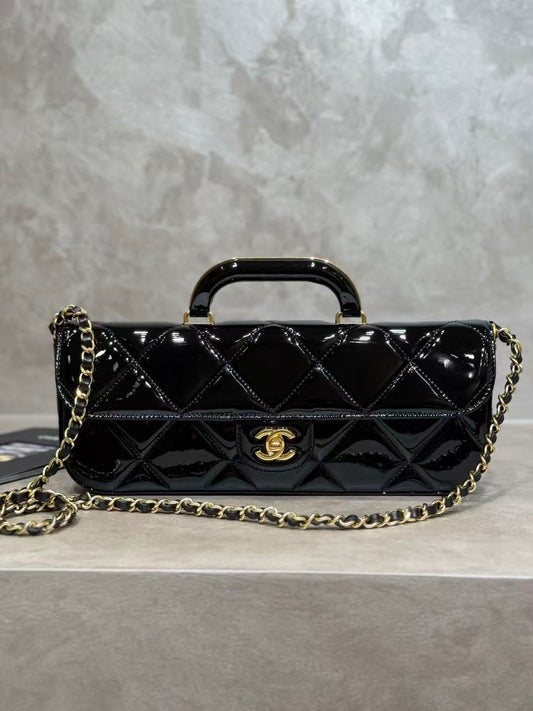 CC 25K Large Flap Bag with Top Handle Chain Strap Black Patent Calfskin GHW