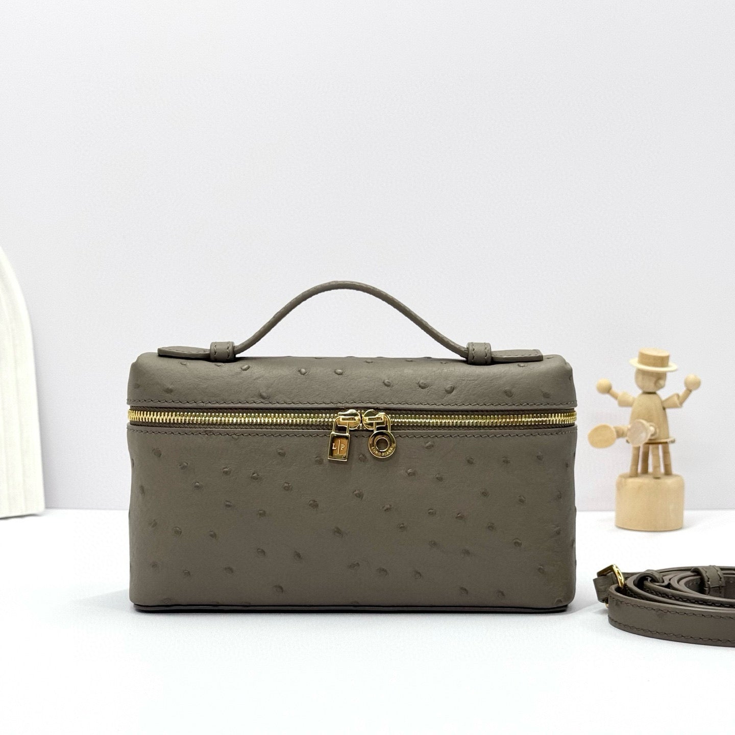LP Extra Bag Ostrich Pattern Gray Brown Gold Buckle Calfskin
