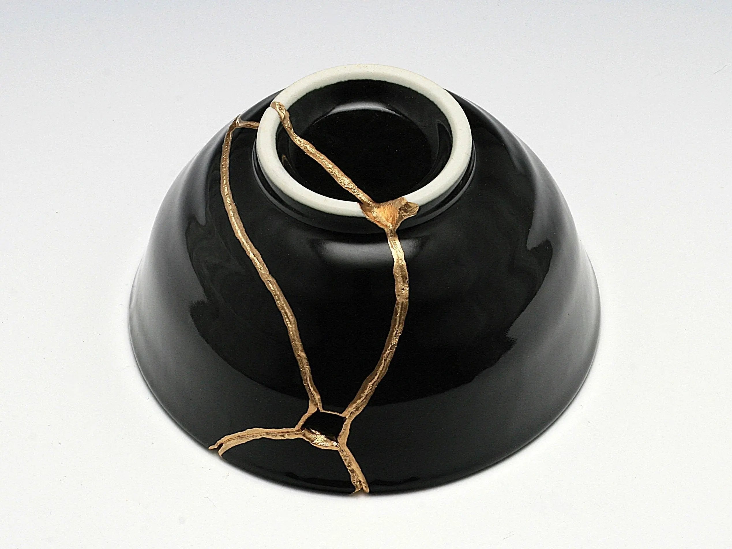 Medium Black and White Kintsugi Bowl with Swirl Pattern