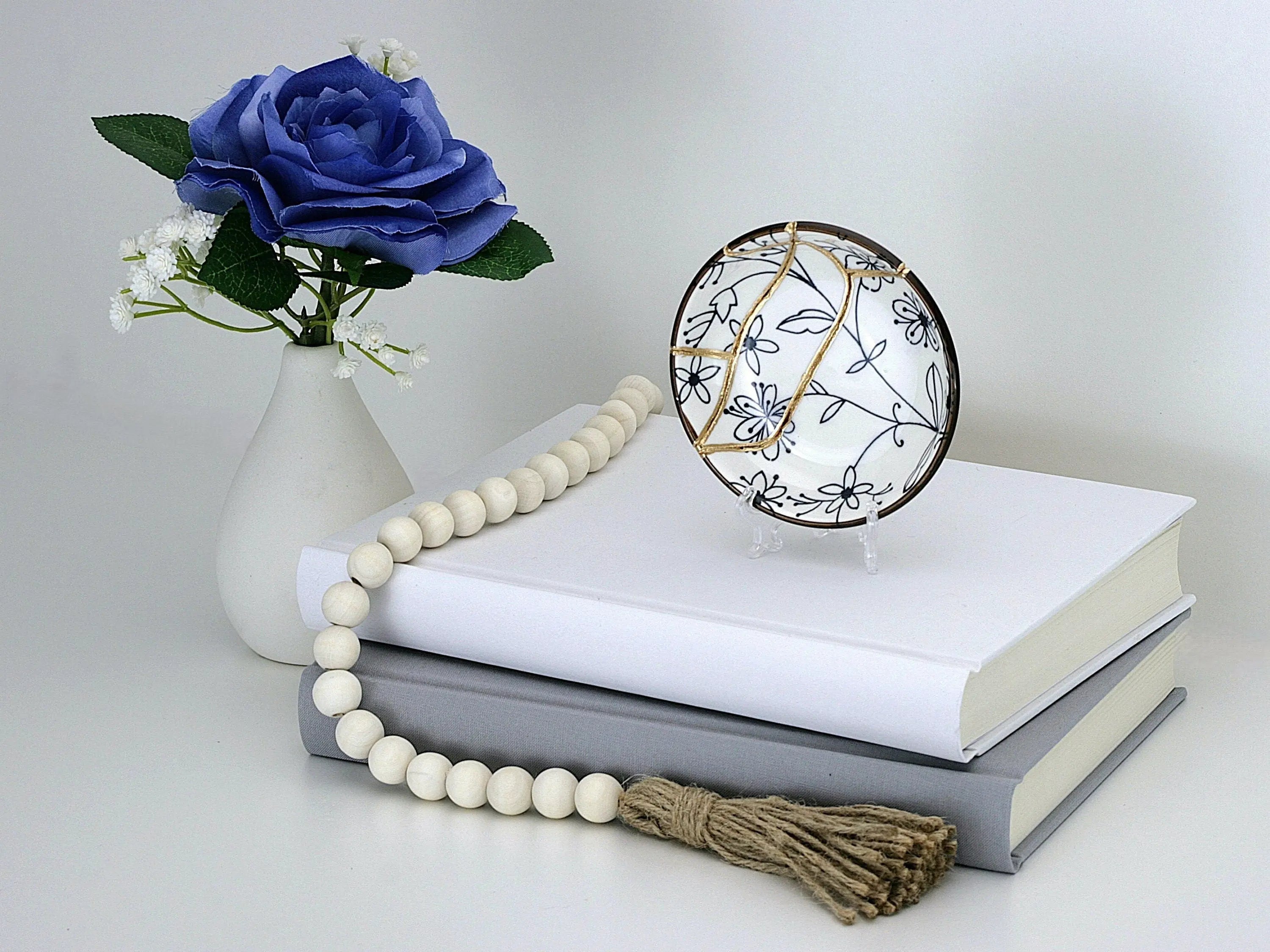 Small Blue and White Kintsugi Plate with Flower Images