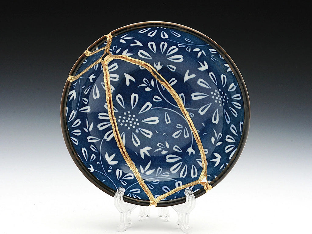 Small Blue and White Kintsugi Plate with Flowers