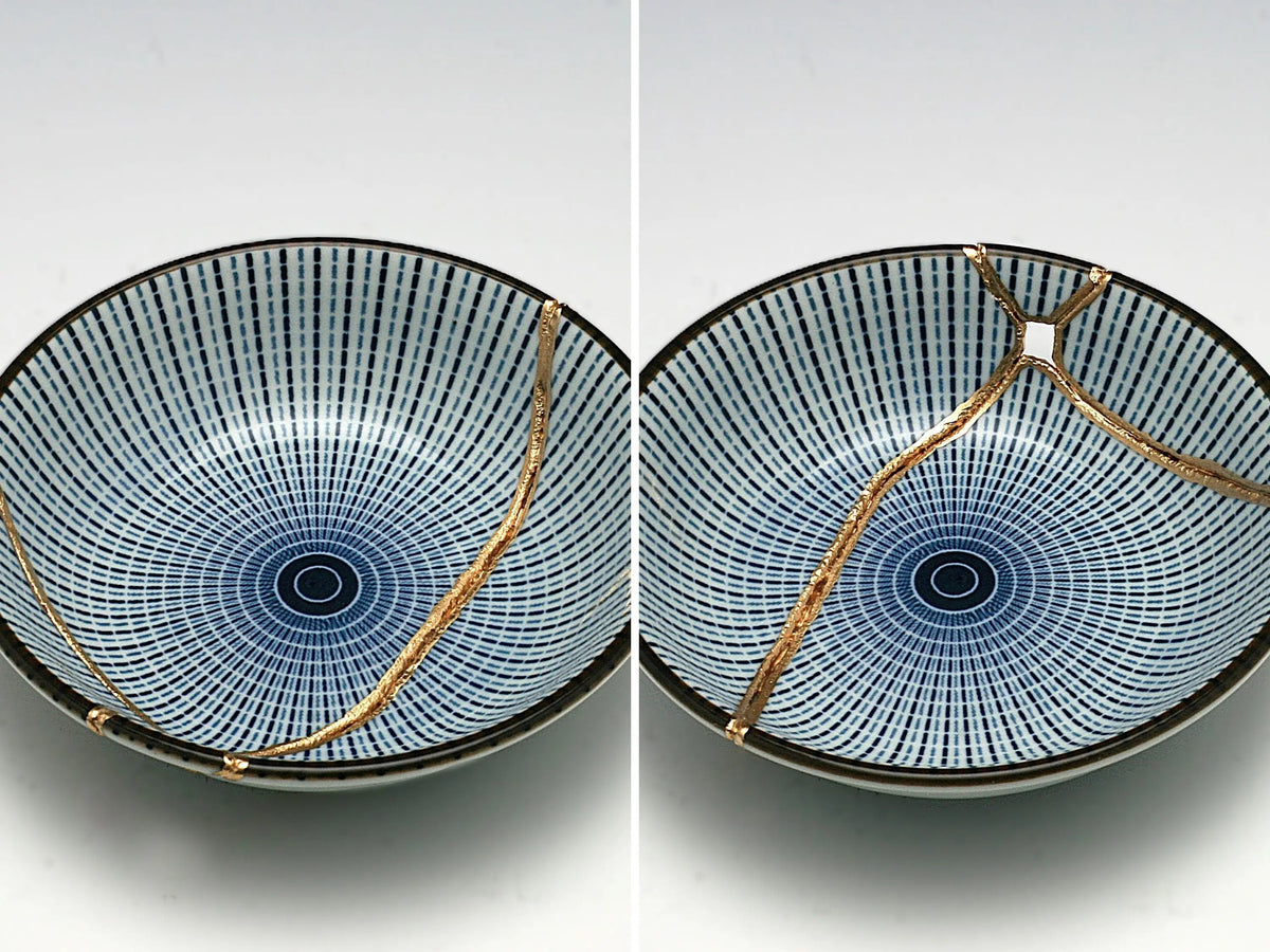 Small Blue and White Kintsugi Plate with Lines