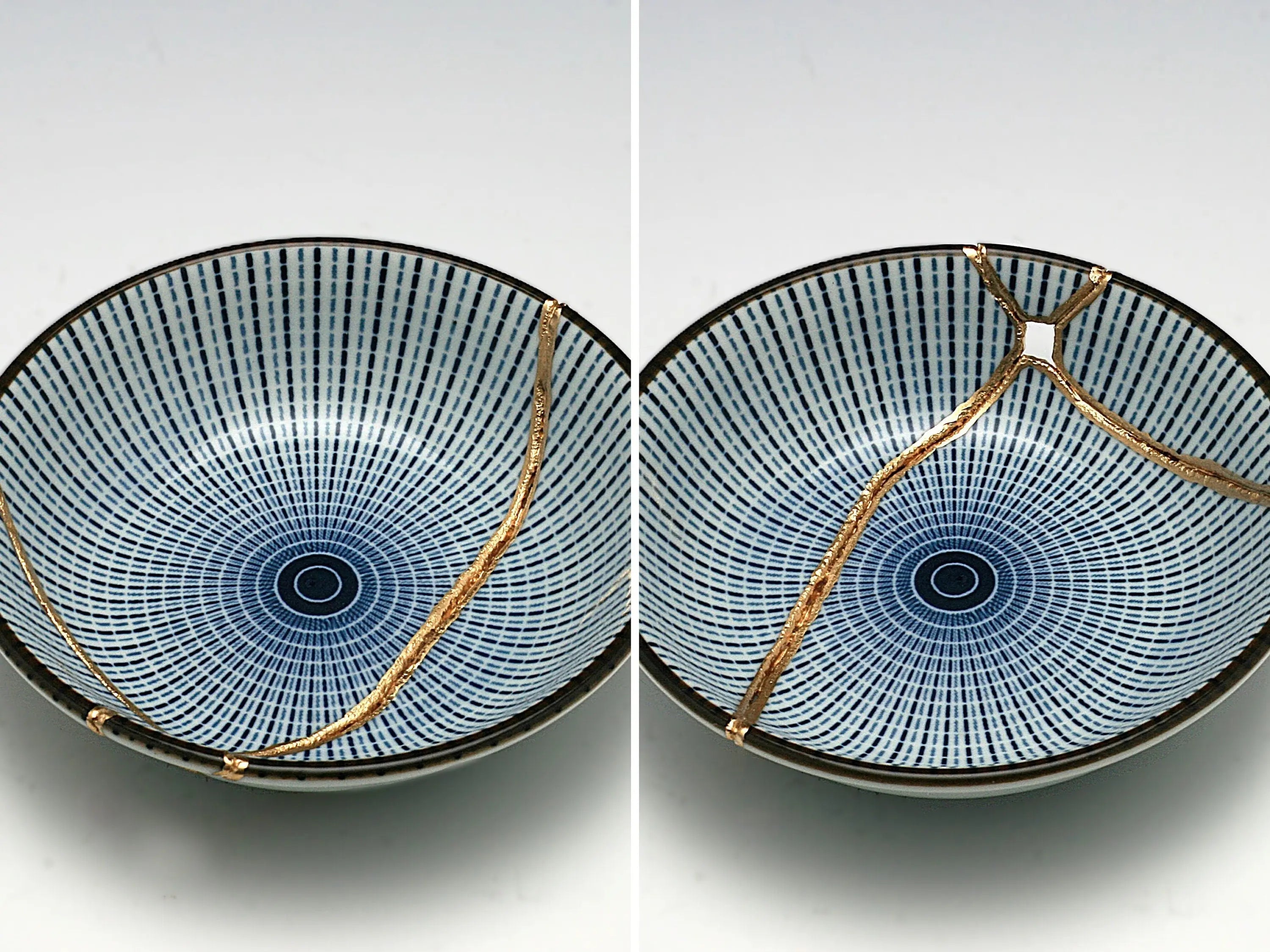 Small Blue and White Kintsugi Plate with Lines