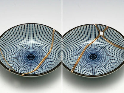Small Blue and White Kintsugi Plate with Lines