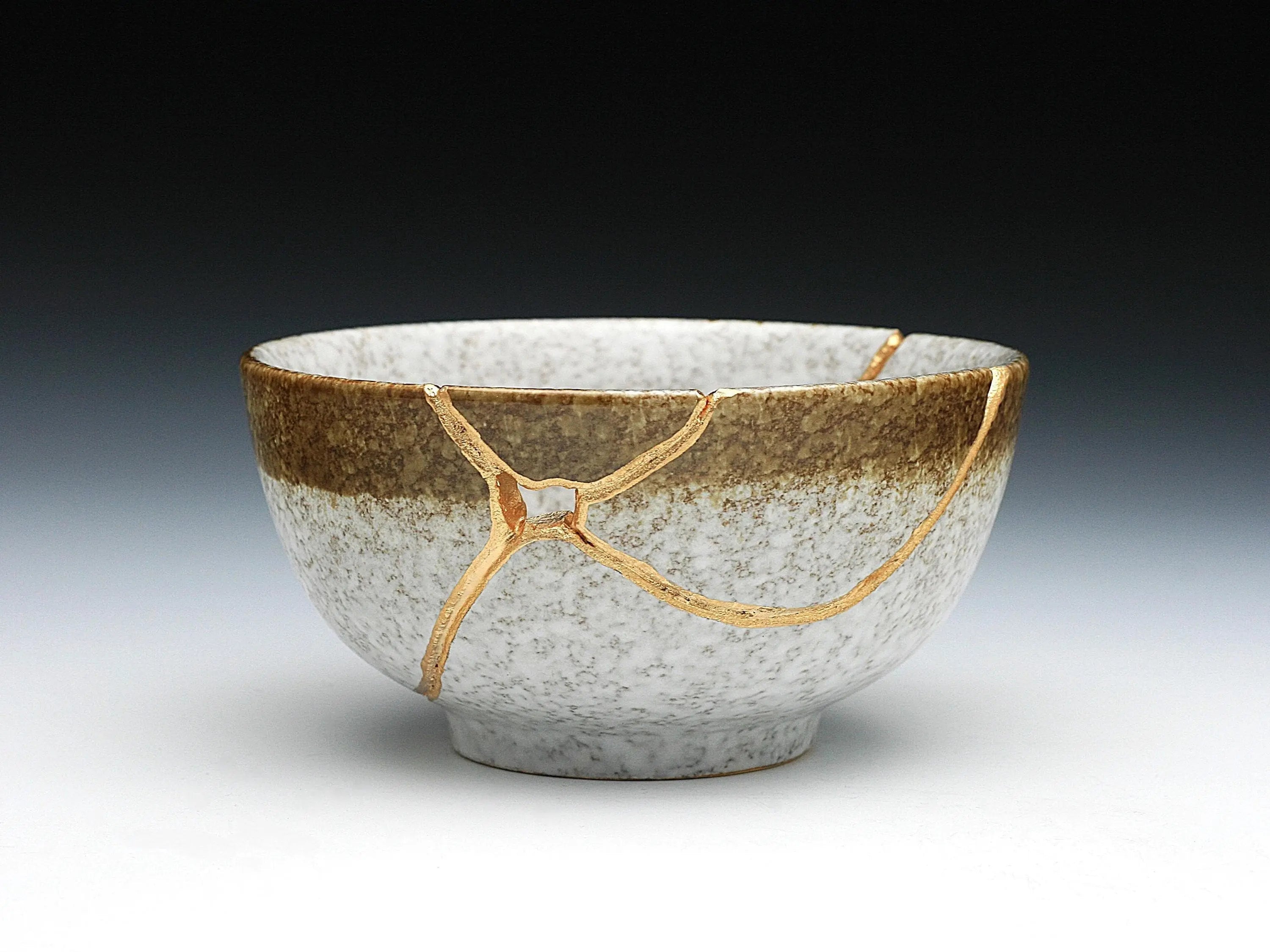 Medium Brown and White Kintsugi Bowl with Texture