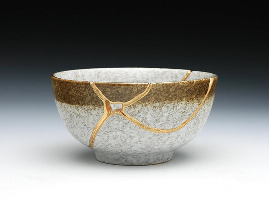 Medium Brown and White Kintsugi Bowl with Texture