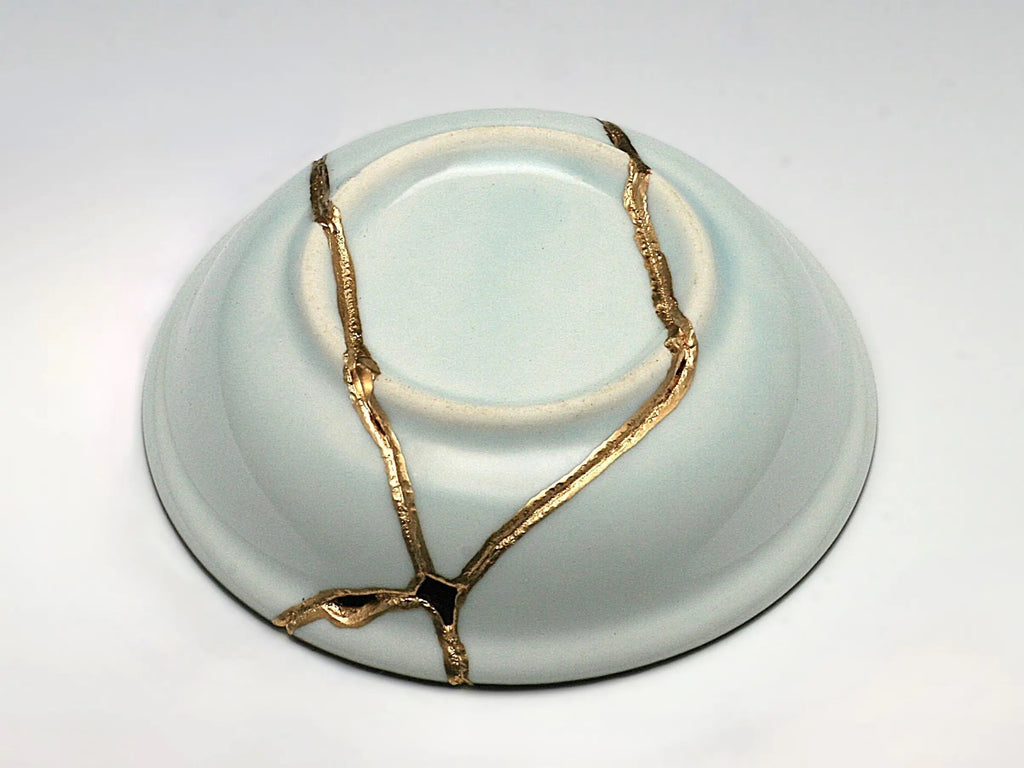 Small Blue and White Kintsugi Plate with Small Flowers