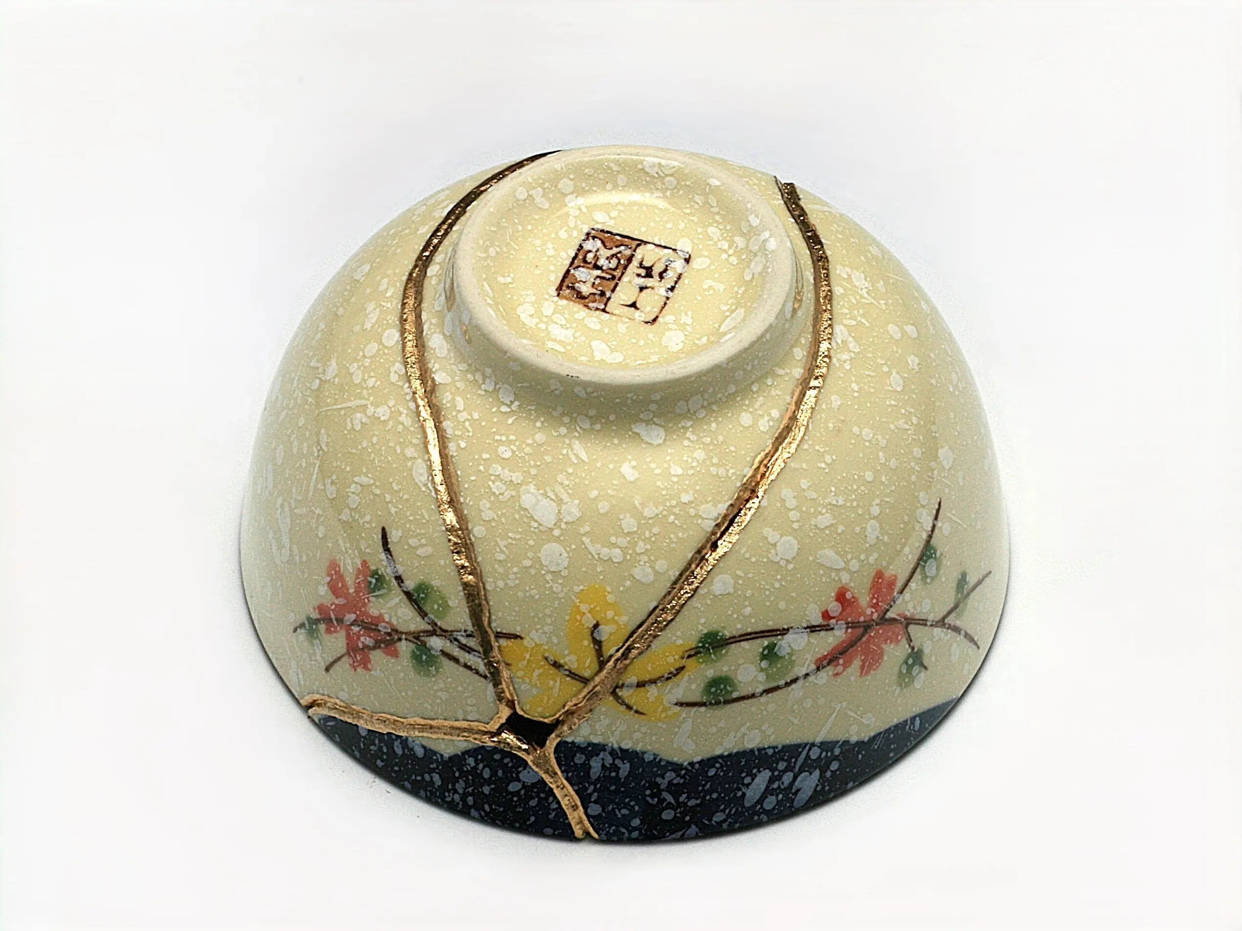 Medium Beige Kintsugi Bowl with Red and Yellow Flowers