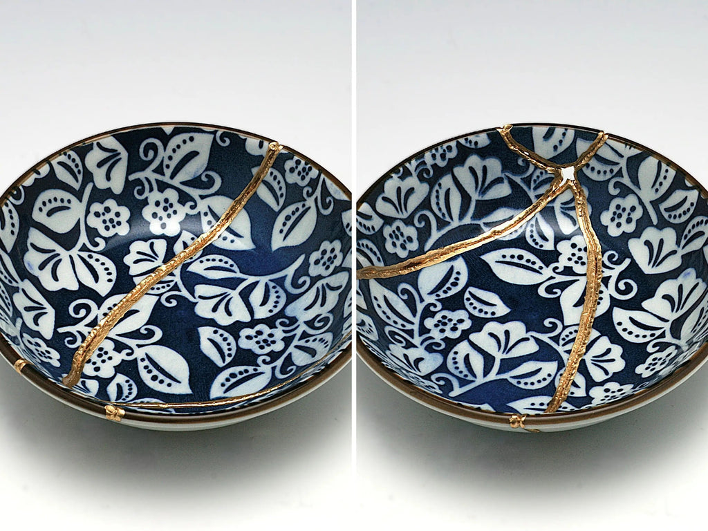Small Blue and White Kintsugi Plate with Leaves