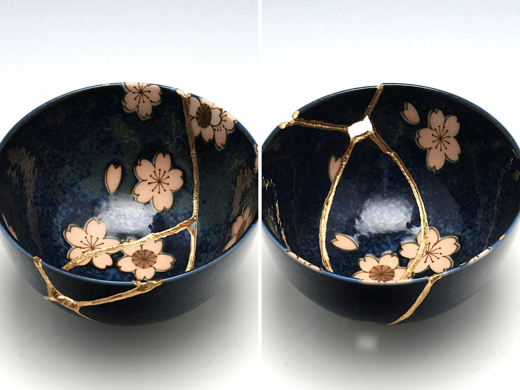 Medium Dark Blue Kintsugi Bowl with Sakura Pattern