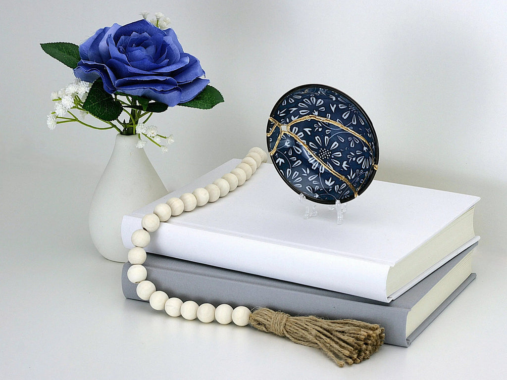 Small Blue and White Kintsugi Plate with Flowers