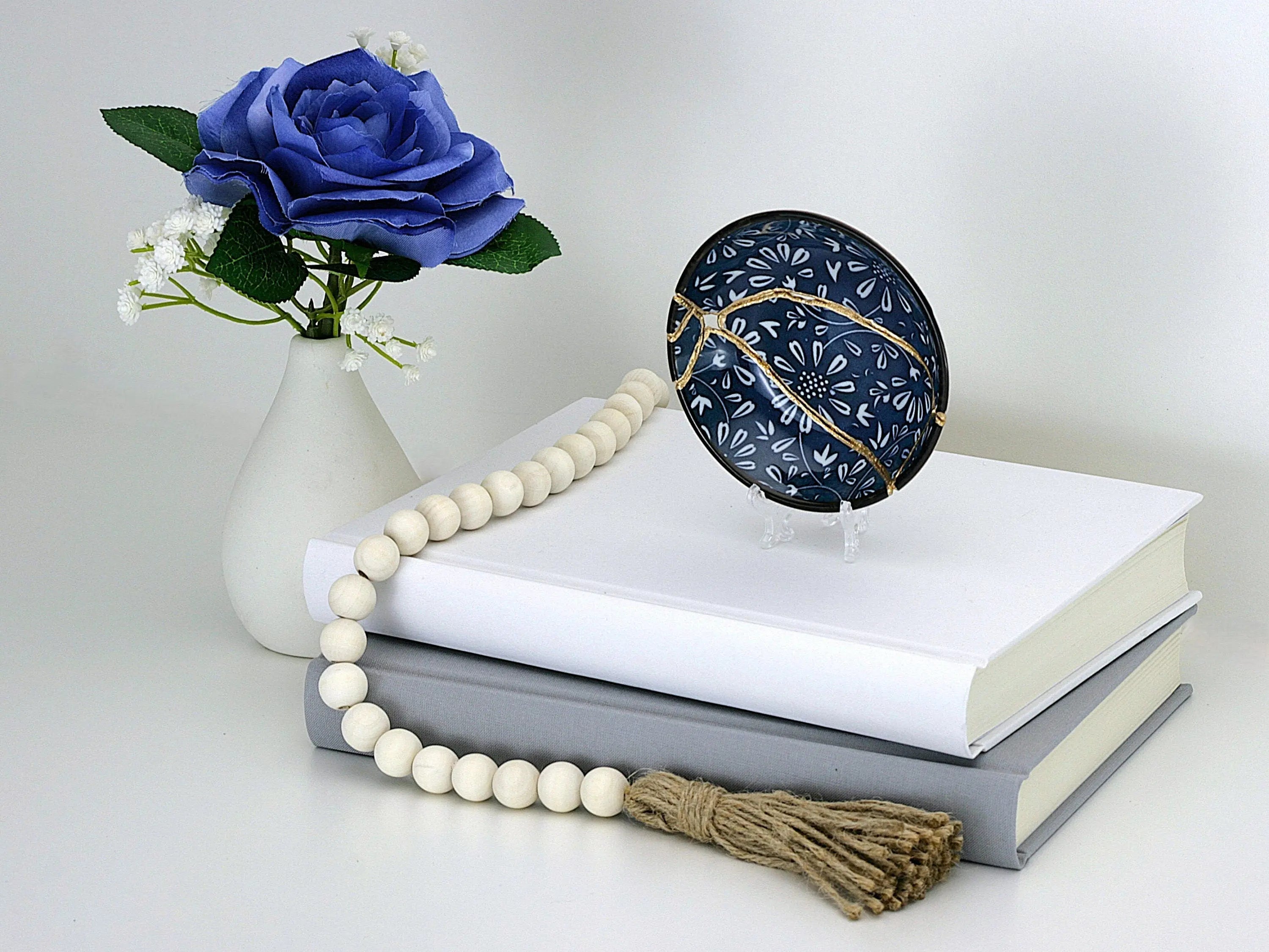 Small Blue and White Kintsugi Plate with Flowers