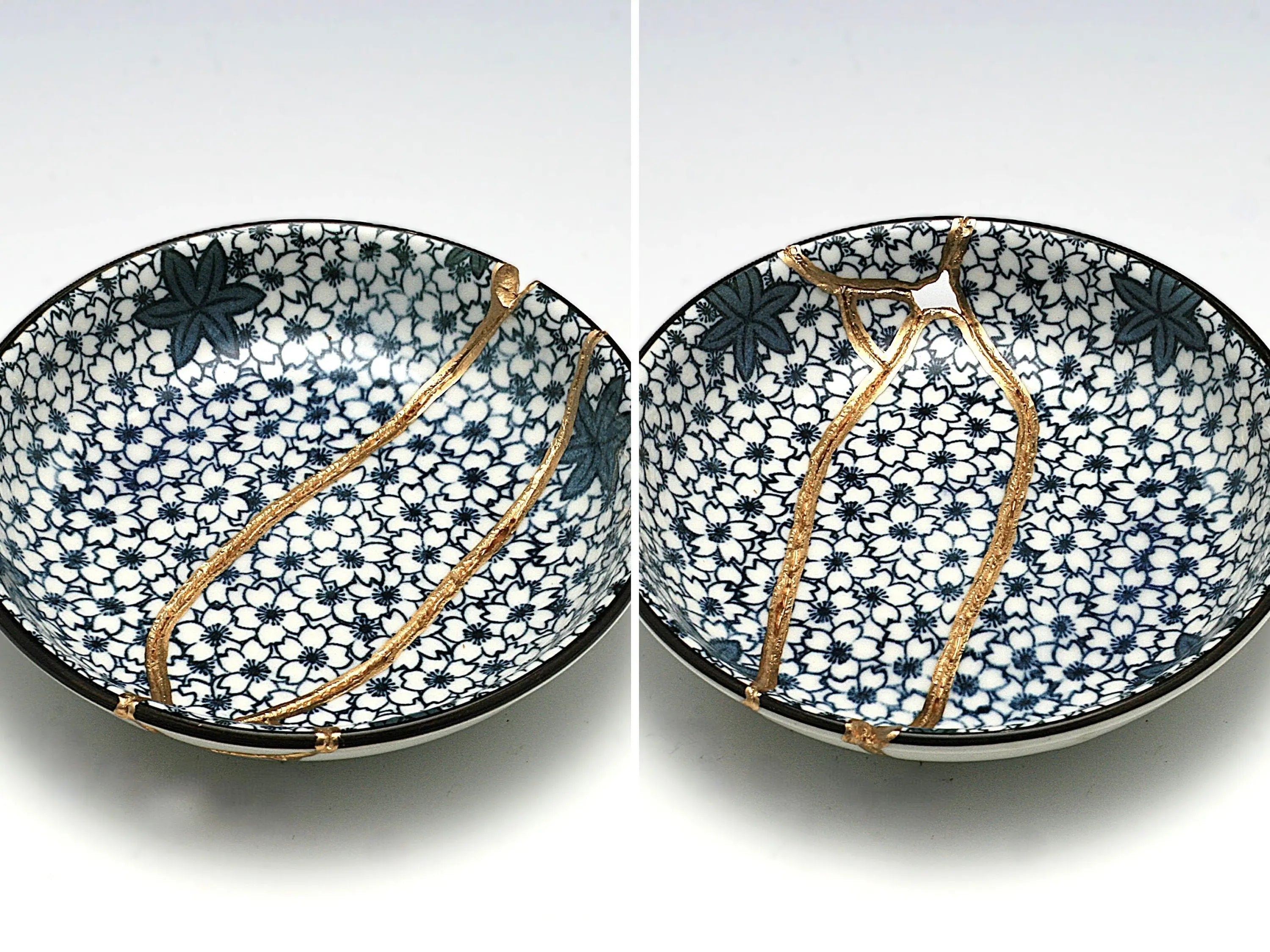 Small Blue and White Kintsugi Plate With Small Flowers