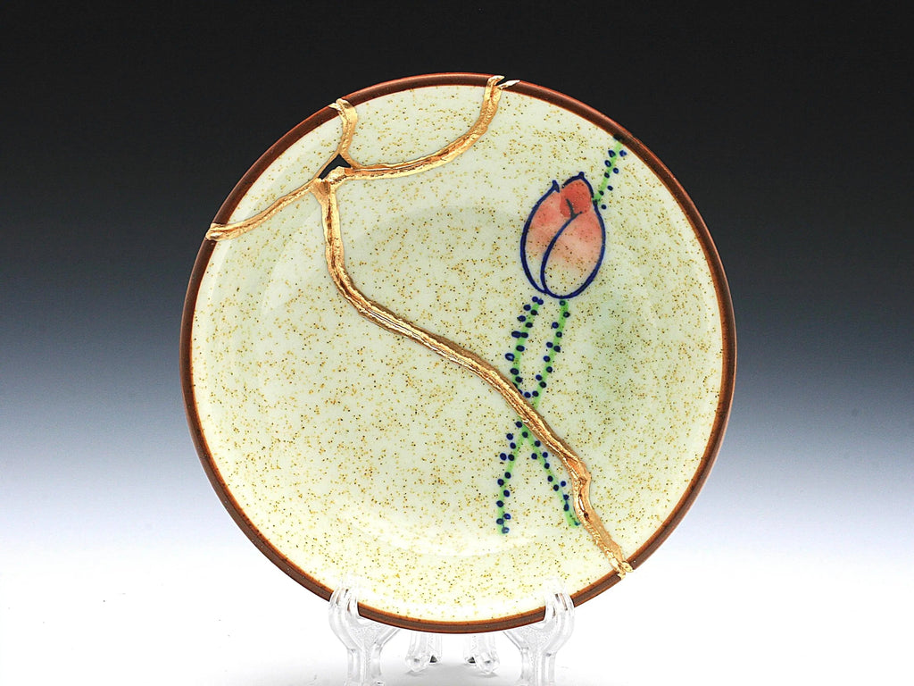 Small Beige Kintsugi Plate with Rose Image