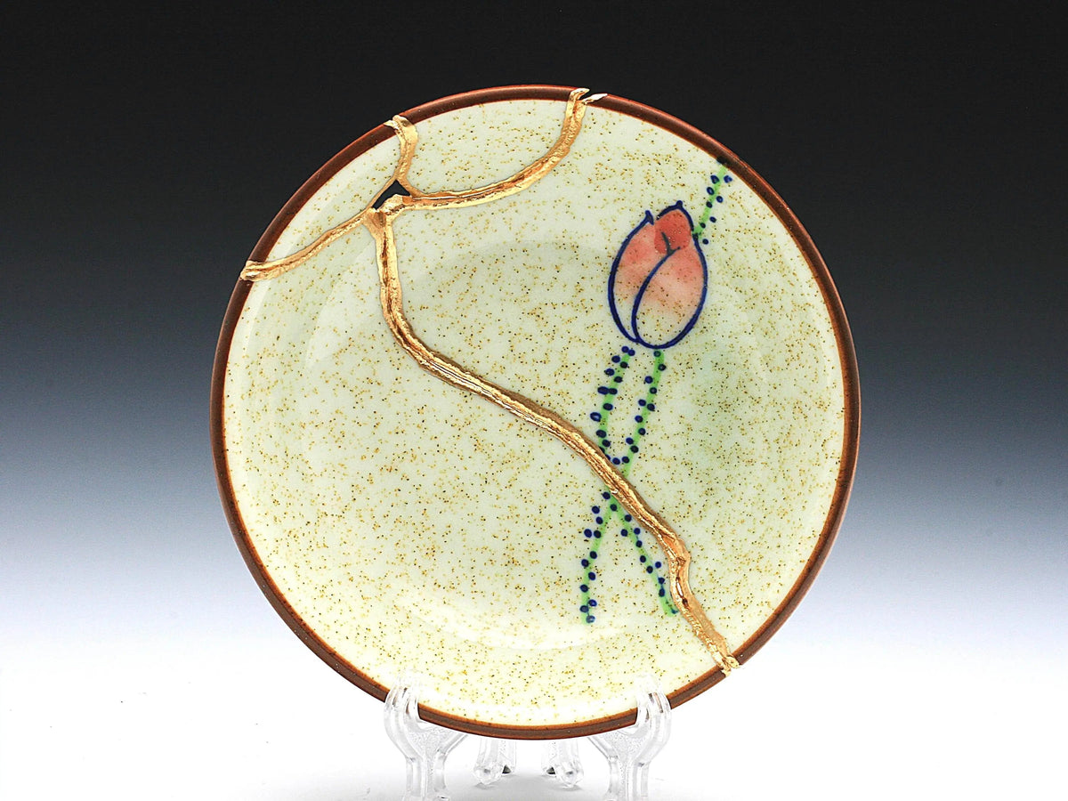 Small Beige Kintsugi Plate with Rose Image