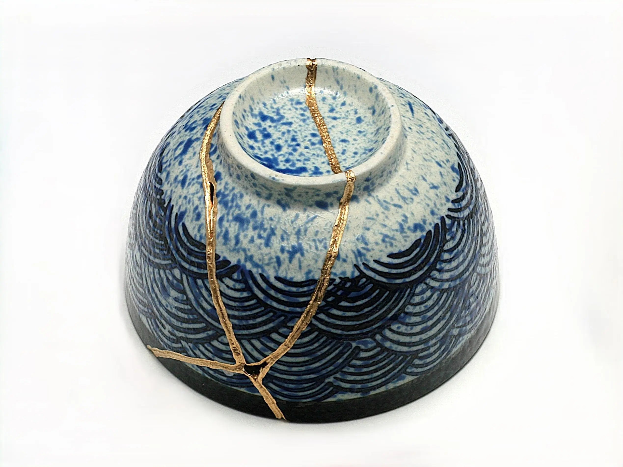Medium Blue and White Kintsugi Bowl with Aranami Pattern