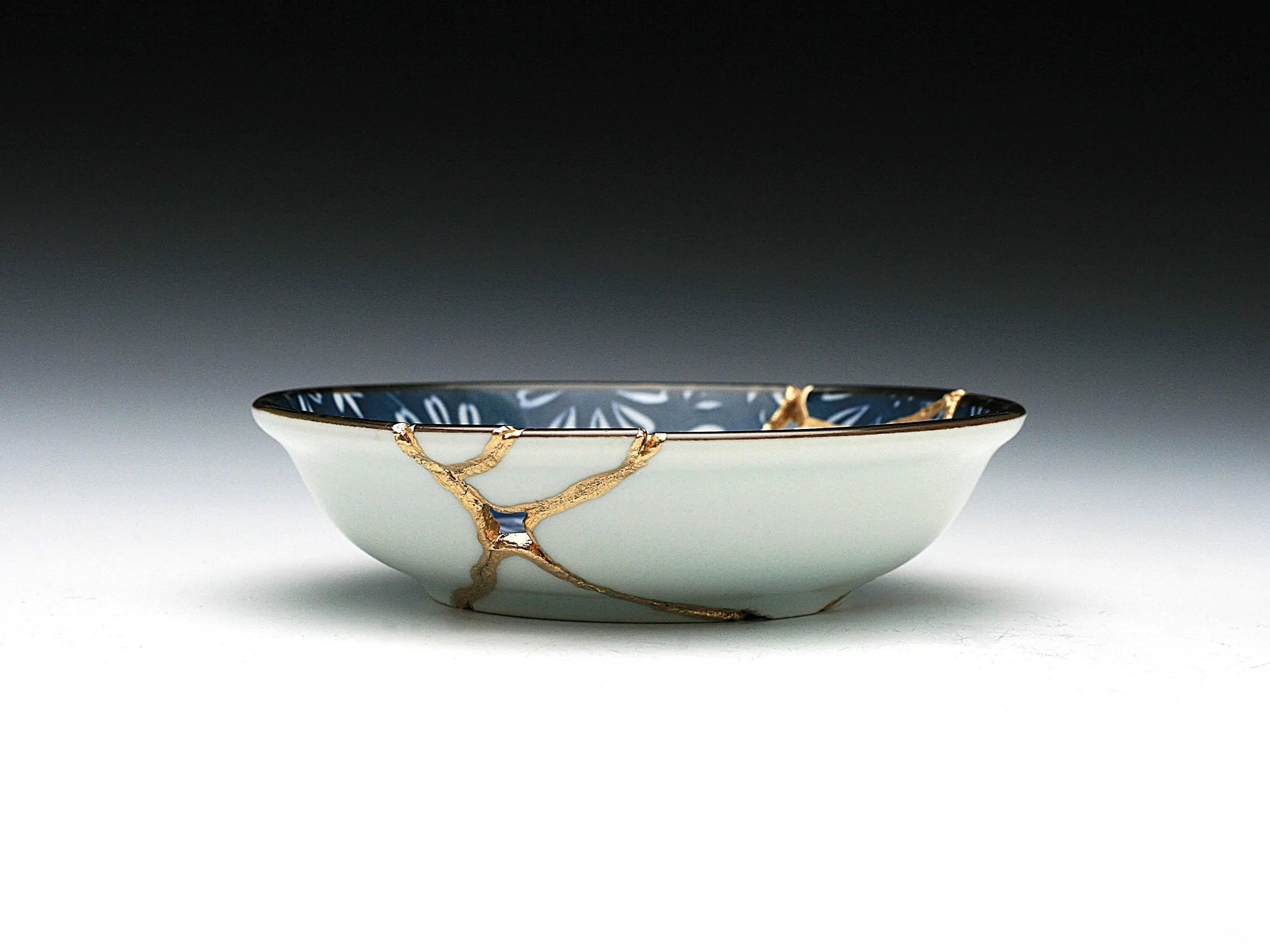 Small Blue and White Kintsugi Plate with Flowers