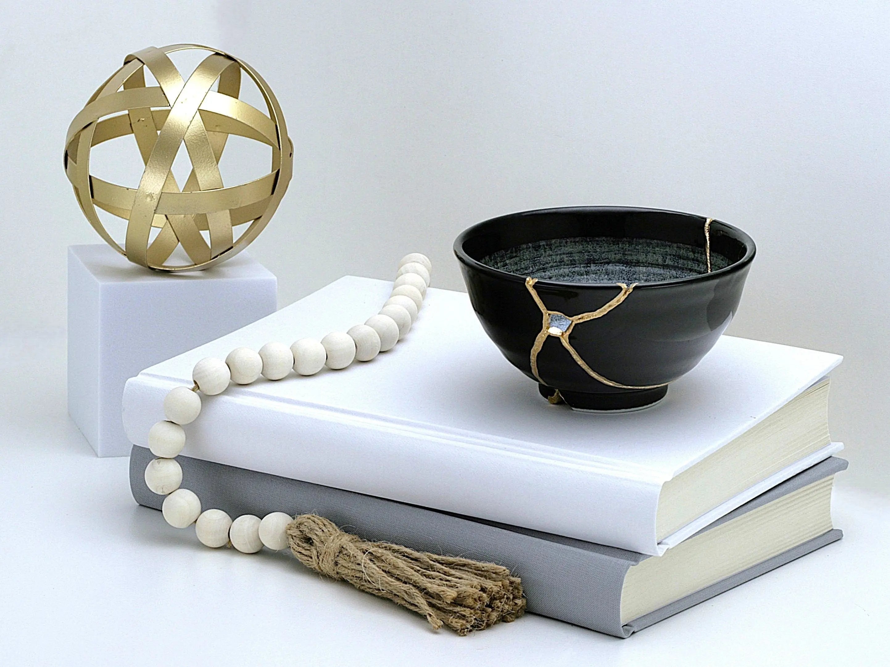 Medium Black and White Kintsugi Bowl with Swirl Pattern