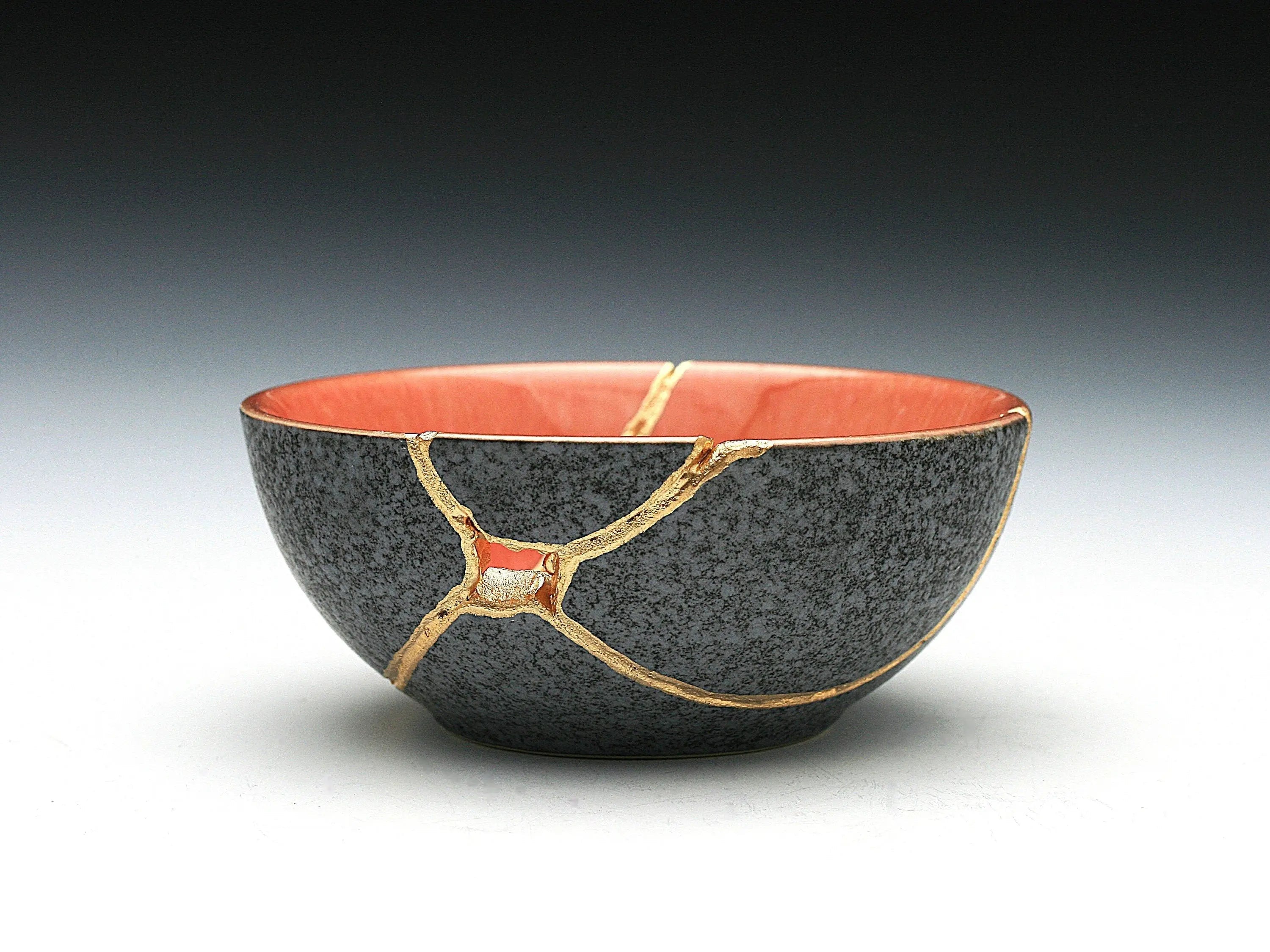 Small Salmon and Gray Kintsugi Bowl