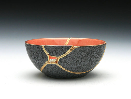Small Salmon and Gray Kintsugi Bowl