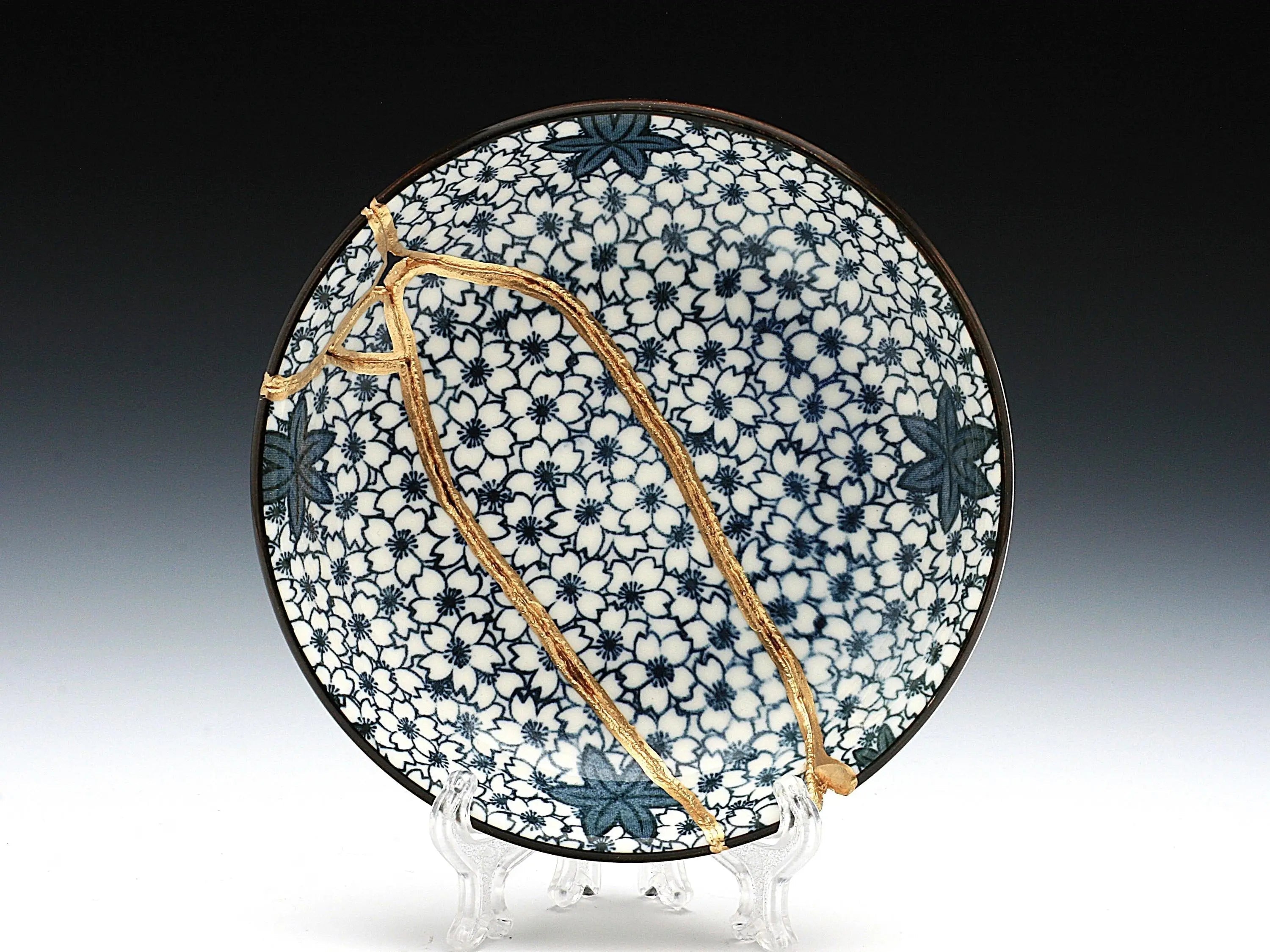 Small Blue and White Kintsugi Plate With Small Flowers