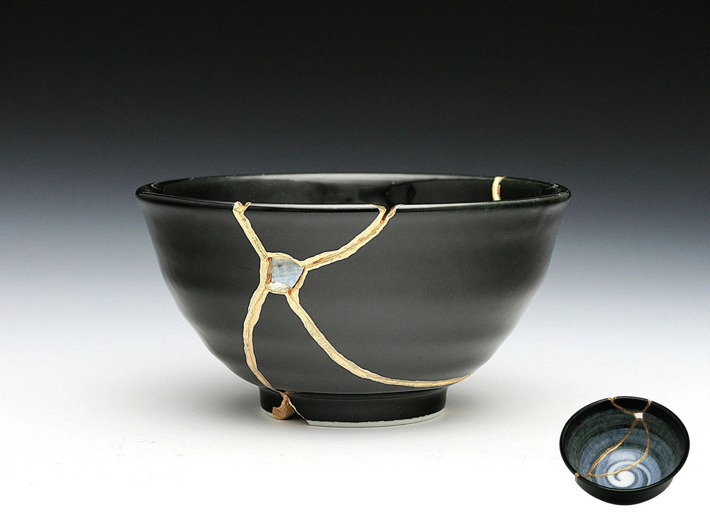 Medium Black and White Kintsugi Bowl with Swirl Pattern