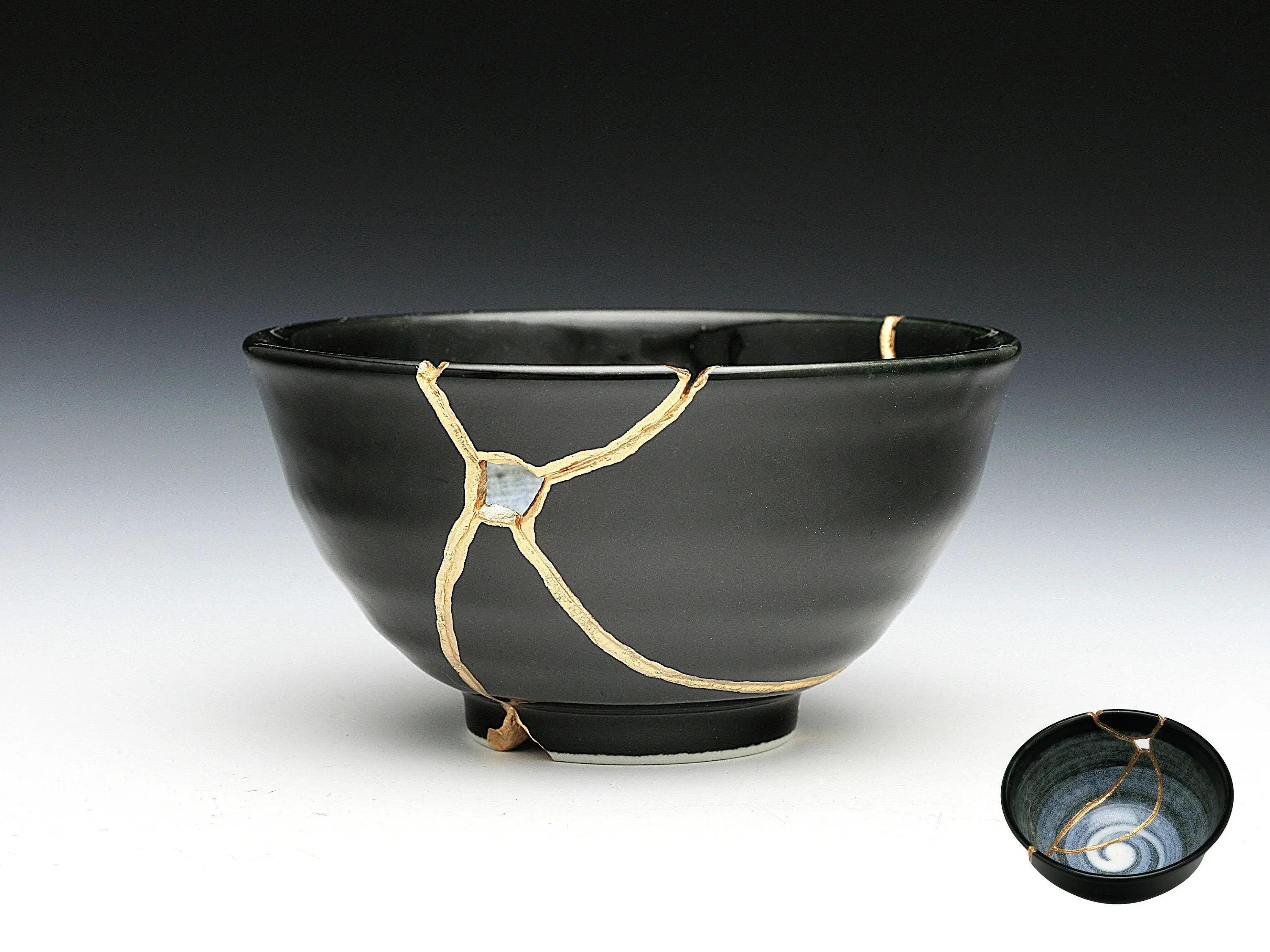 Medium Black and White Kintsugi Bowl with Swirl Pattern