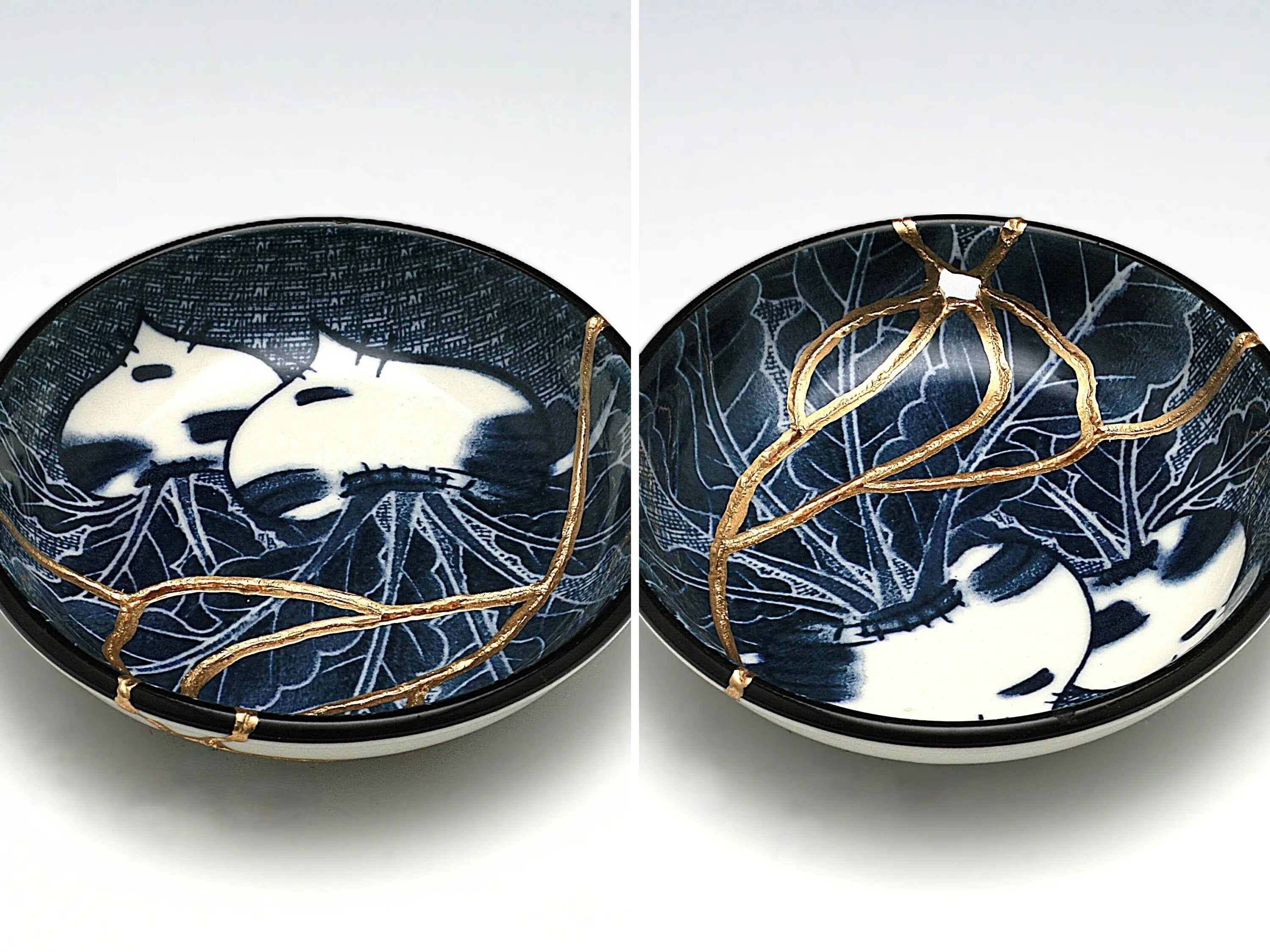 Small Blue and White Kintsugi Plate with Radish Image