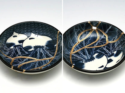 Small Blue and White Kintsugi Plate with Radish Image
