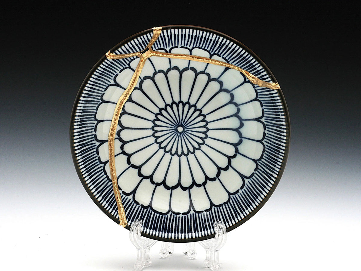 Small Blue and White Kintsugi Plate with Pattern